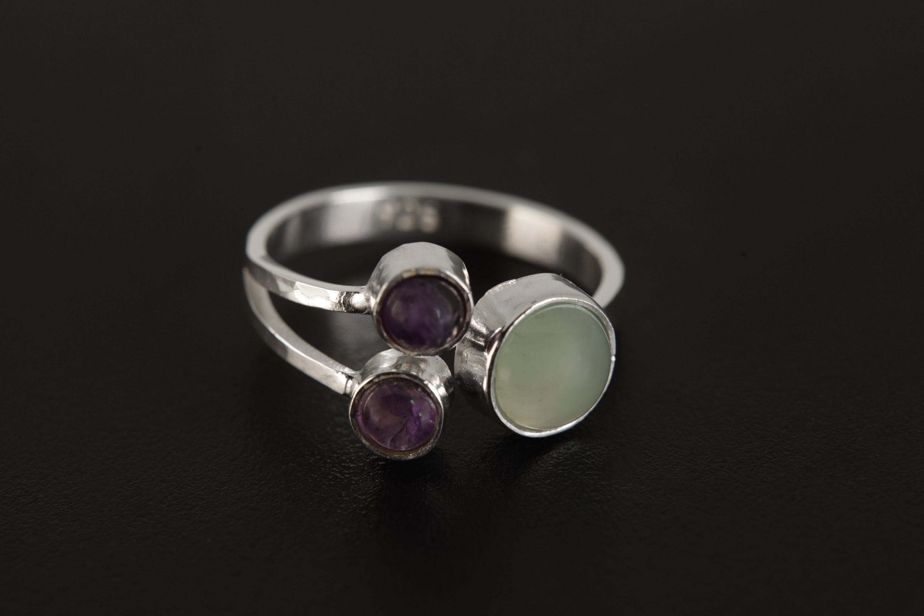 Amethyst Aquamarine Ring 925 Sterling Silver Adjustable Triple Stone Band Throat Third Eye Crown Chakra Gift
