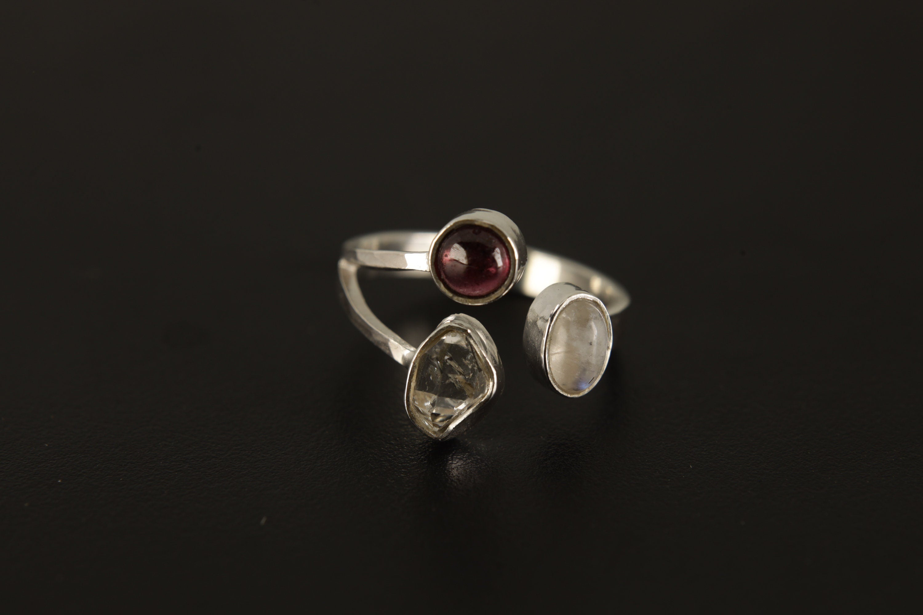 Adjustable Sterling Silver Ring: Opal, Herkimer Diamond & Moonstone