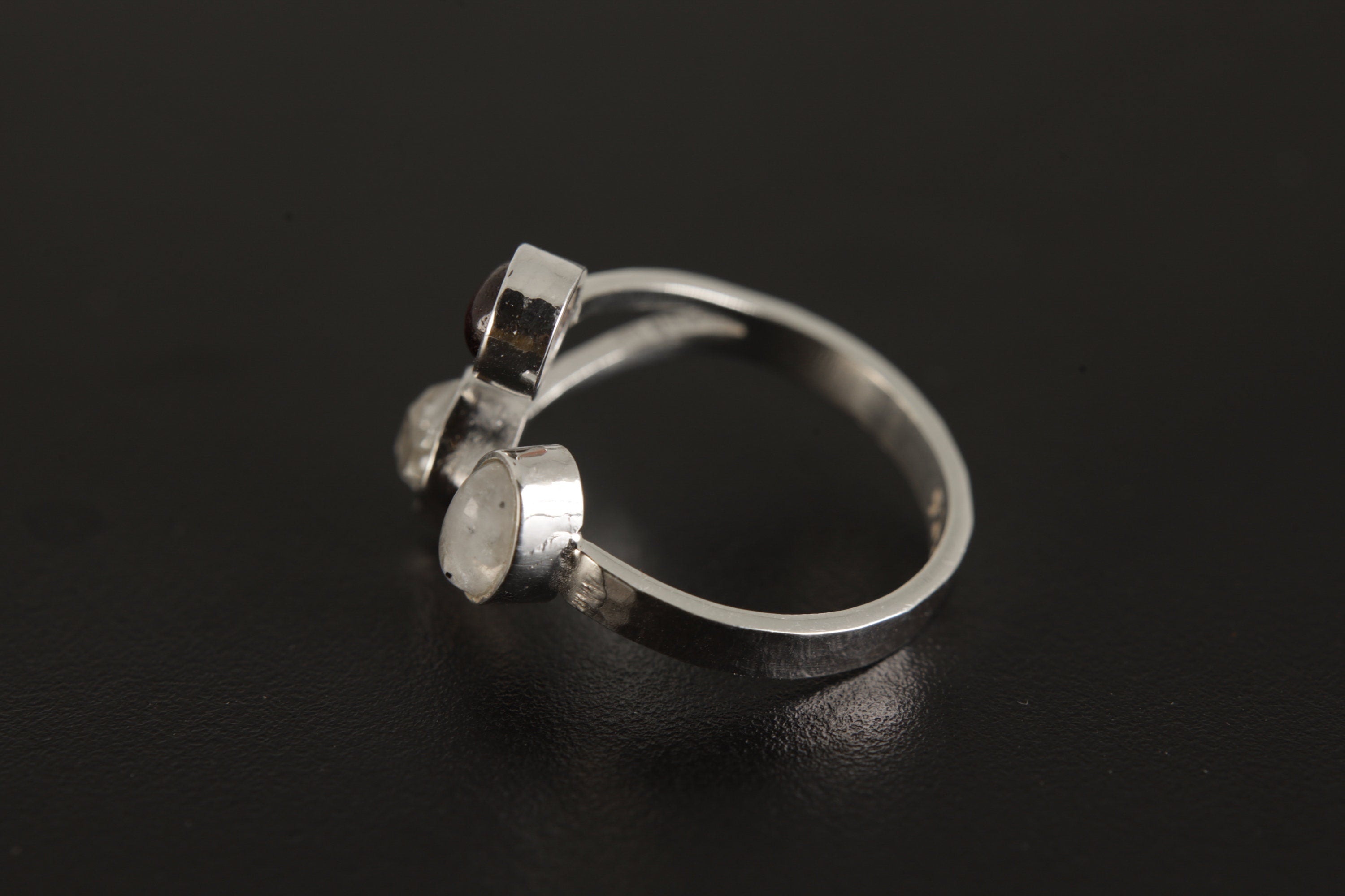 Open Adjustable Sterling Silver Ring with Garnet, Herkimer Diamond & Moonstone, Flat Hammer Textured Band, Size 5-10 US, Clarity Strength