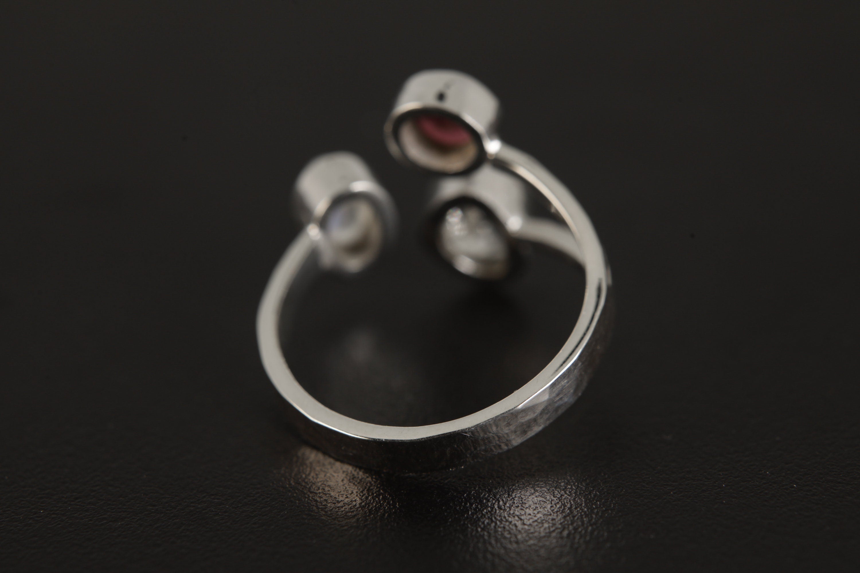 Open Adjustable Sterling Silver Ring with Garnet, Herkimer Diamond & Moonstone, Flat Hammer Textured Band, Size 5-10 US, Clarity Strength