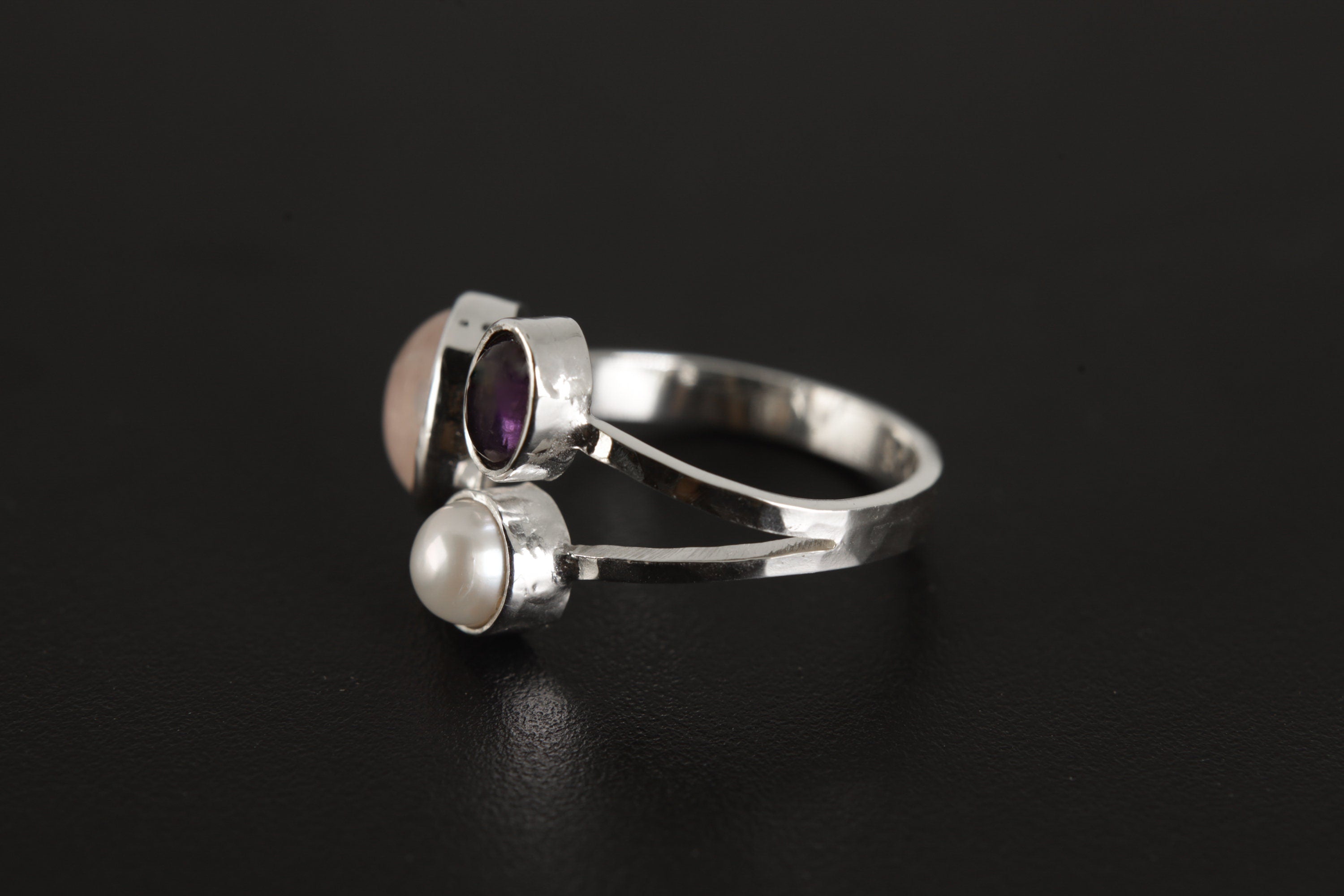 Adjustable Ring set in Amethyst, Pearl & Rose Quartz - Sterling Silver - Hammer Textured Shiny Finish - Size 5-12 US