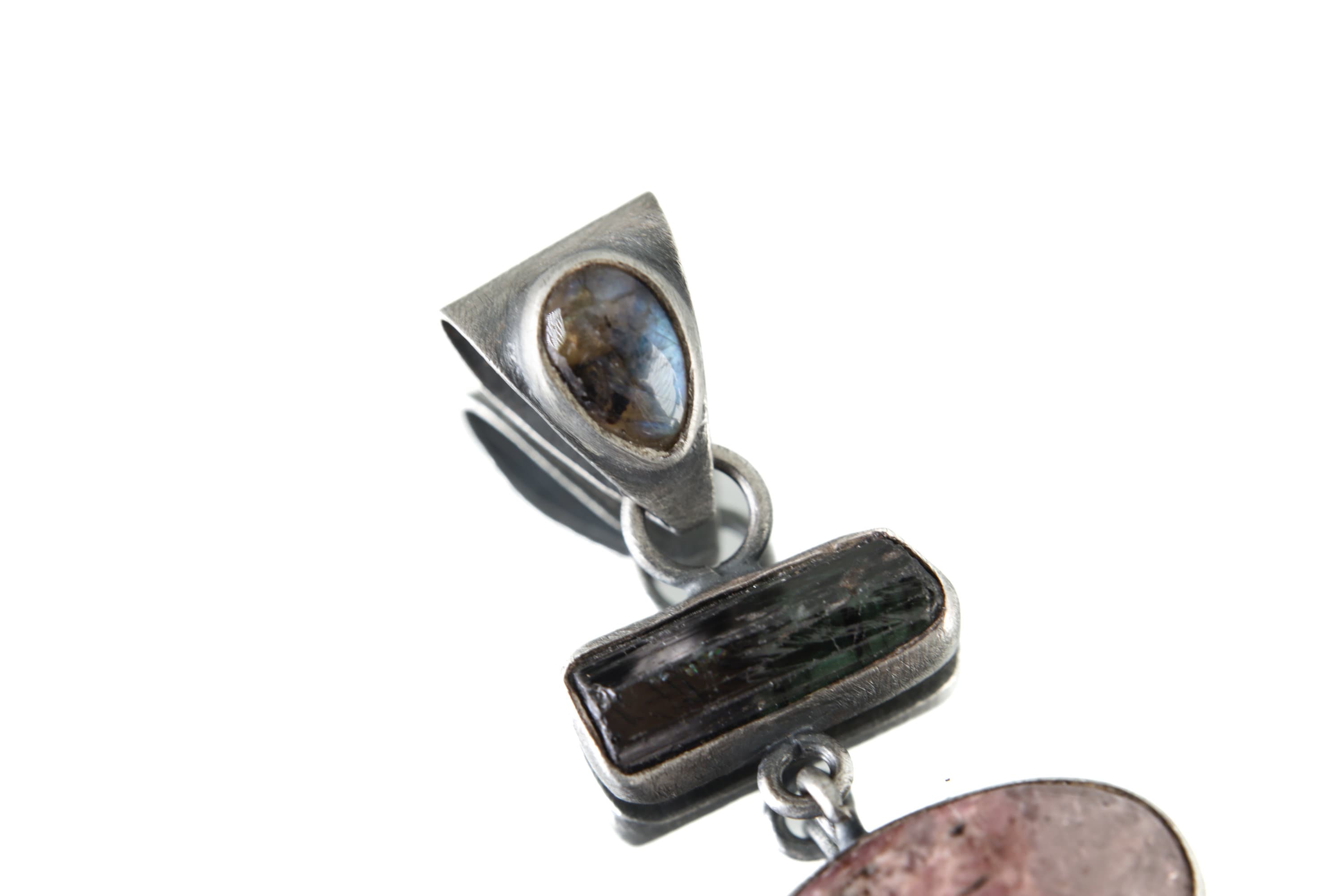 Sterling Silver Pendant with Labradorite Bail Terminated Green Tourmaline & Rhodochrosite Oxidized Brushed Finish, Heart Chakra Libra/Pisces