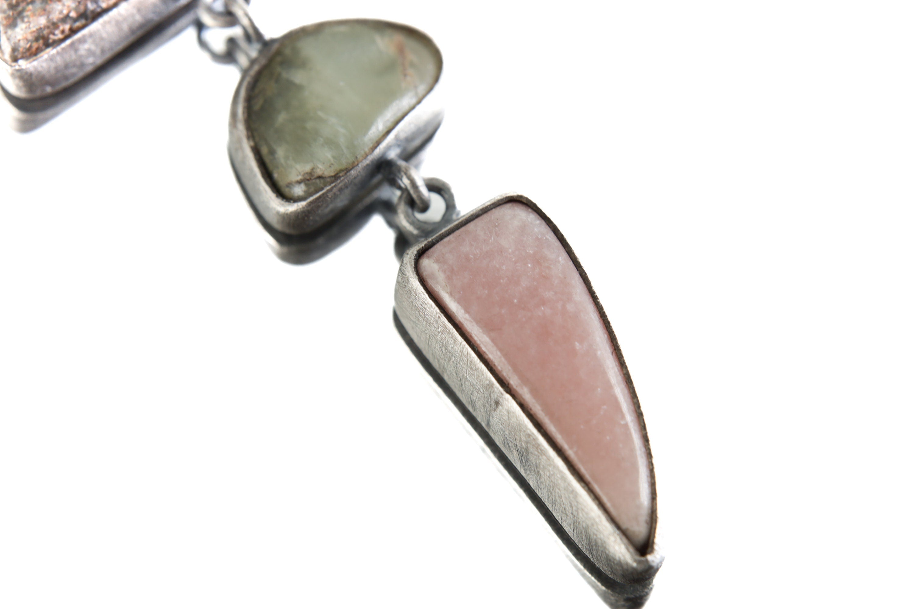 Oxidized Sterling Silver Pendant with Labradorite Bail, Aquamarine, Chrysocolla & Rhodochrosite, Brush Textured Dangle Crystal Charm,