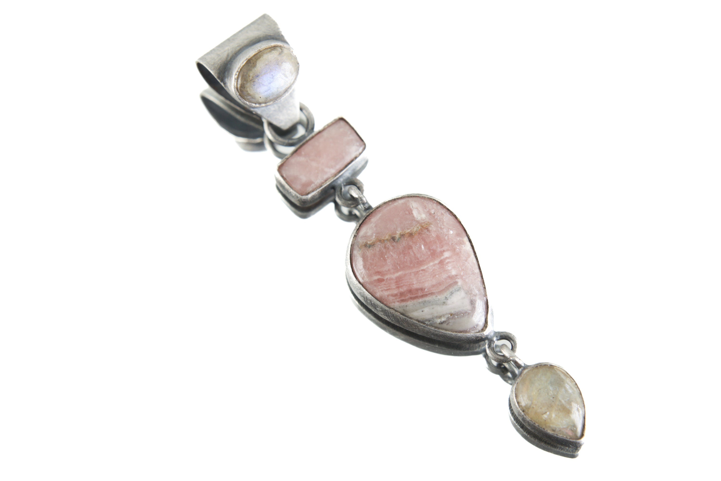 One-of-a-kind Moonstone Labradorite Rhodochrosite pendant on a white background, showing the flowing multi-stone charm design.