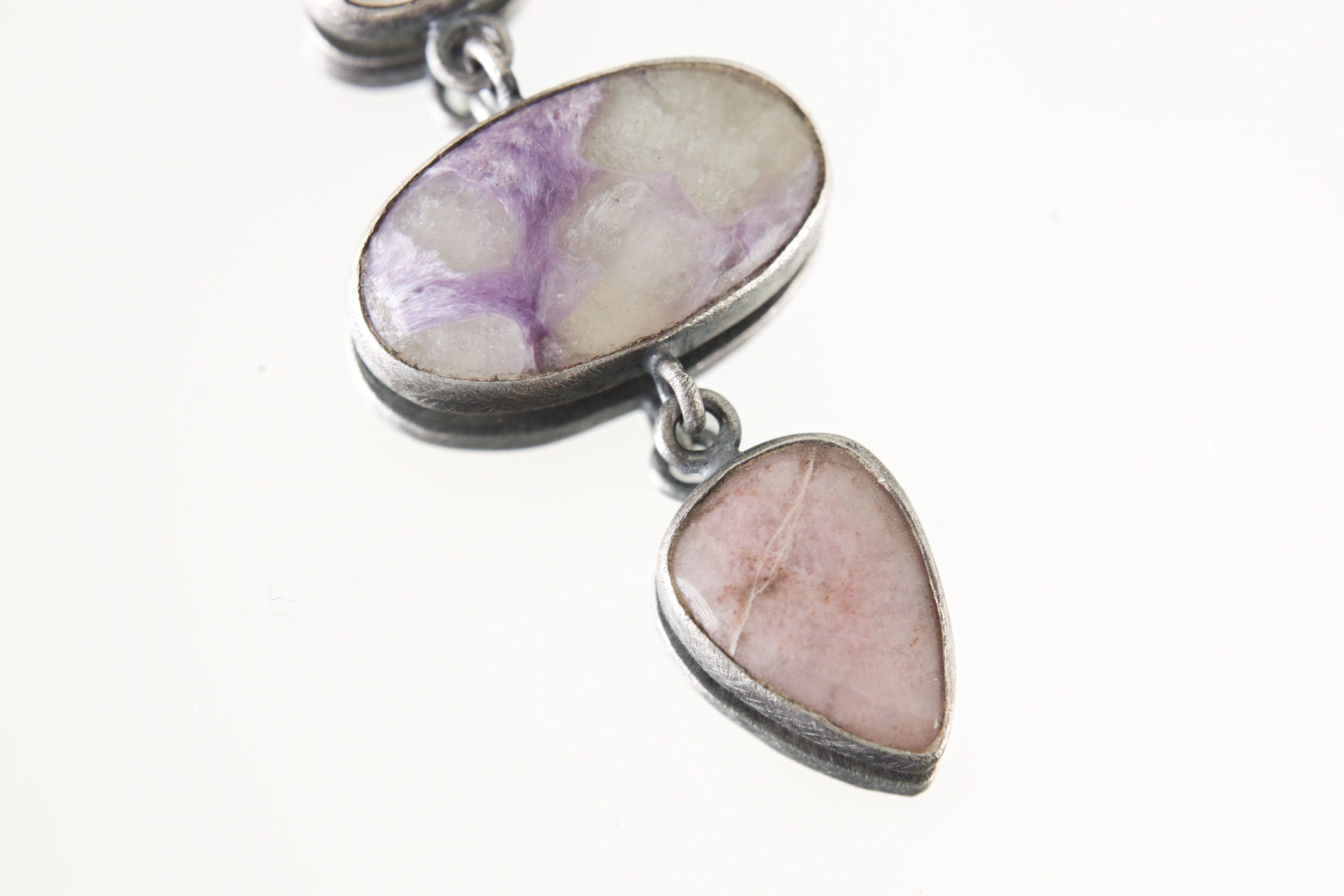 The Pendant of Sapphire, Moonstone, Charoite & Rhodochrosite - Sterling Silver Pendant - Oxidized and Brush Texture