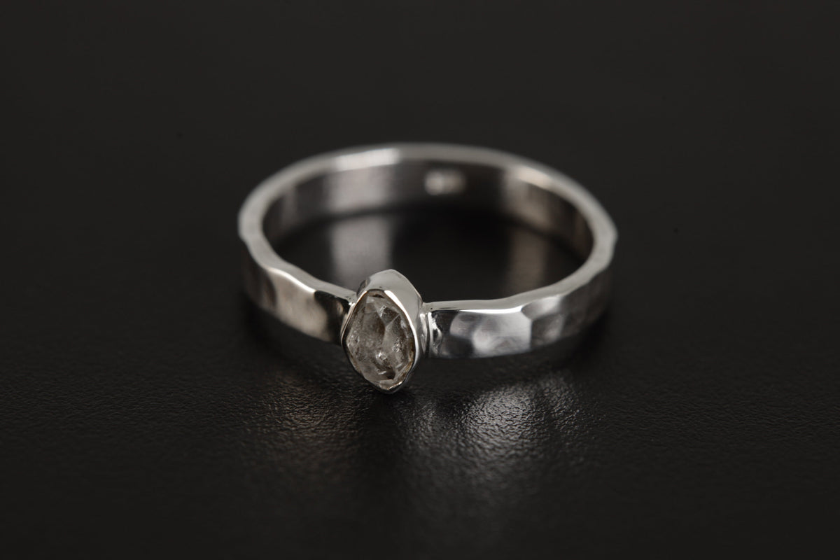 Petite Herkimer Diamond Ring: Hammered Sterling Silver Stack Band