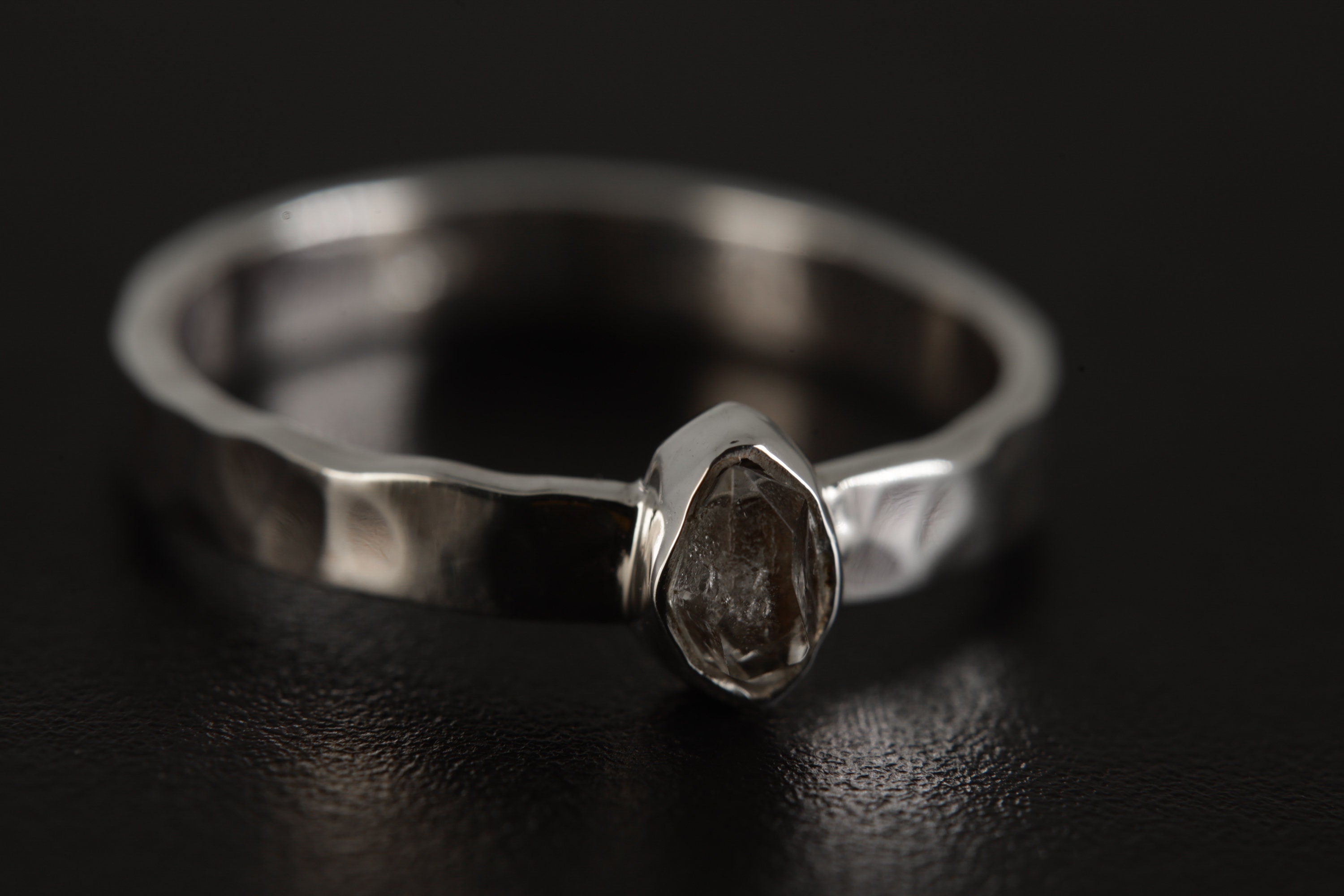 Petite Herkimer Diamond Ring, Sterling Silver, Flat Hammer Textured Shiny Finish Stack Band, Size 5-9 US, Clarity & Energy Made to Order
