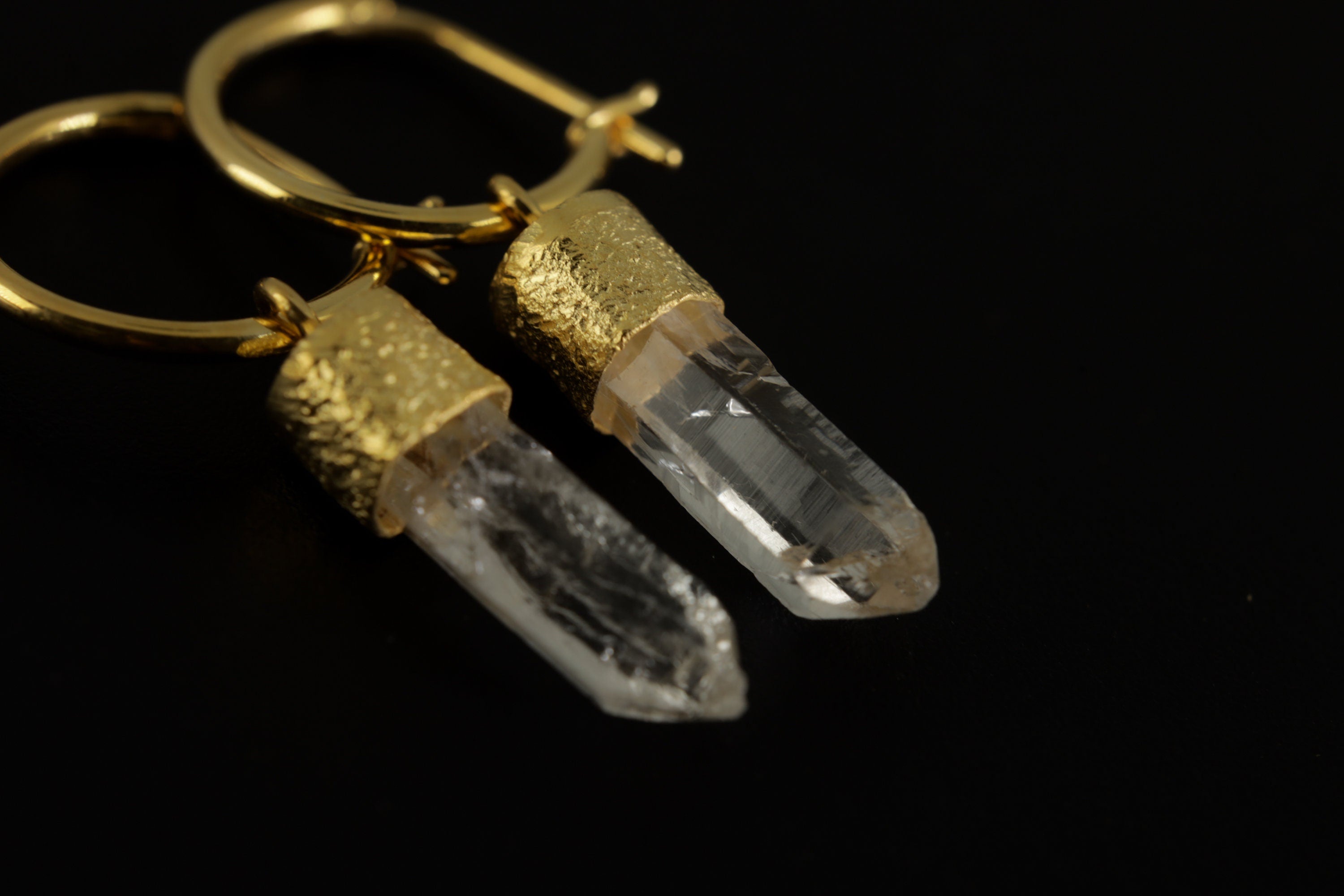 Golden Lemurian Dazzle: Australian Clear Lemurian Quartz - Sand Textured Gold Plated Sterling Silver - Hoop Earrings