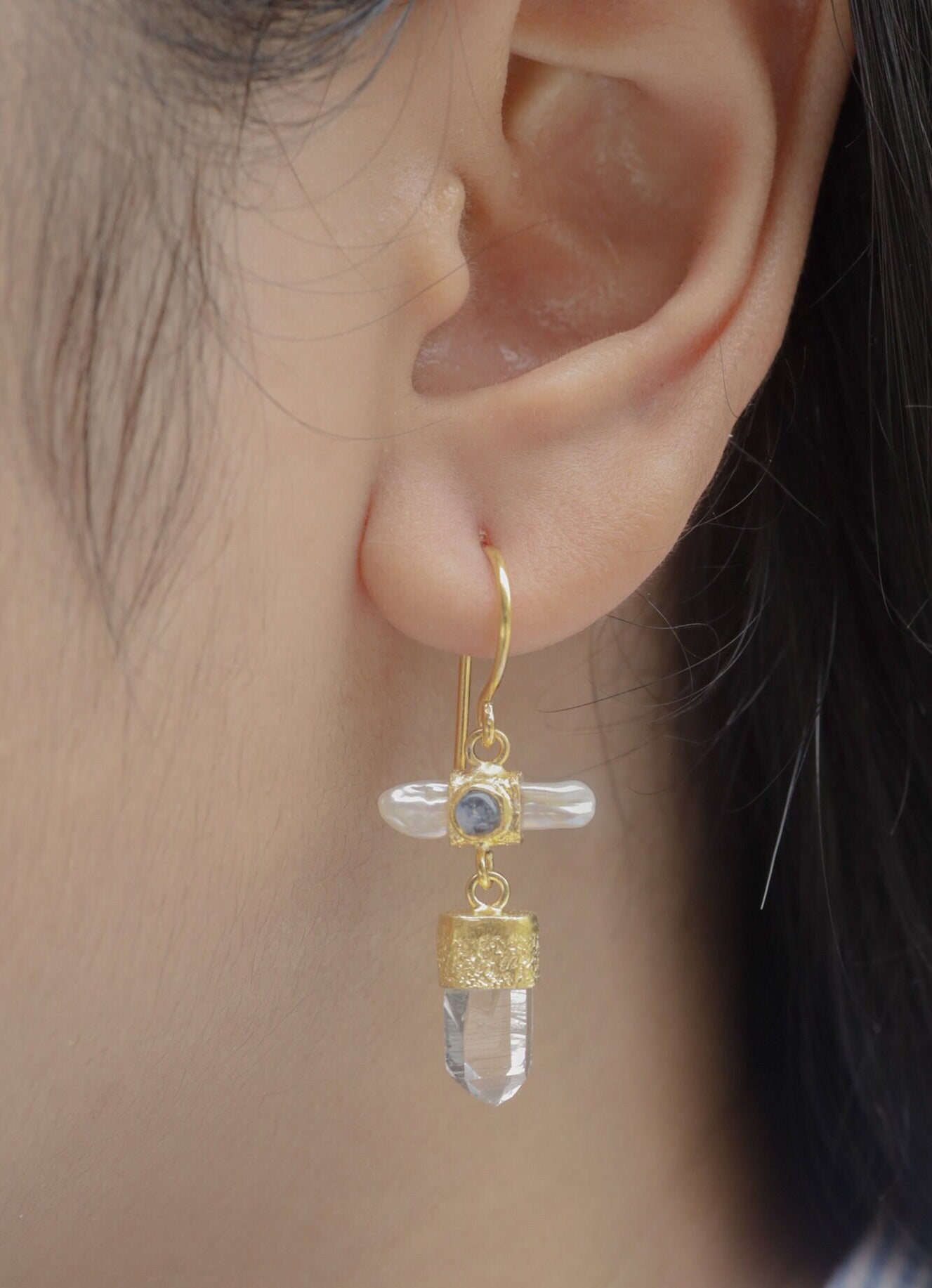 Elegant Gold Plated 925 Sterling Silver Dangle Hook Earrings with Pearl, Australian Quartz, Moonstone Lux Sand Textured Petite Cross Design