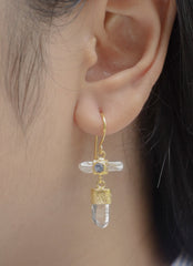 Elegant Gold Plated 925 Sterling Silver Dangle Hook Earrings with Pearl, Australian Quartz, Moonstone Lux Sand Textured Petite Cross Design
