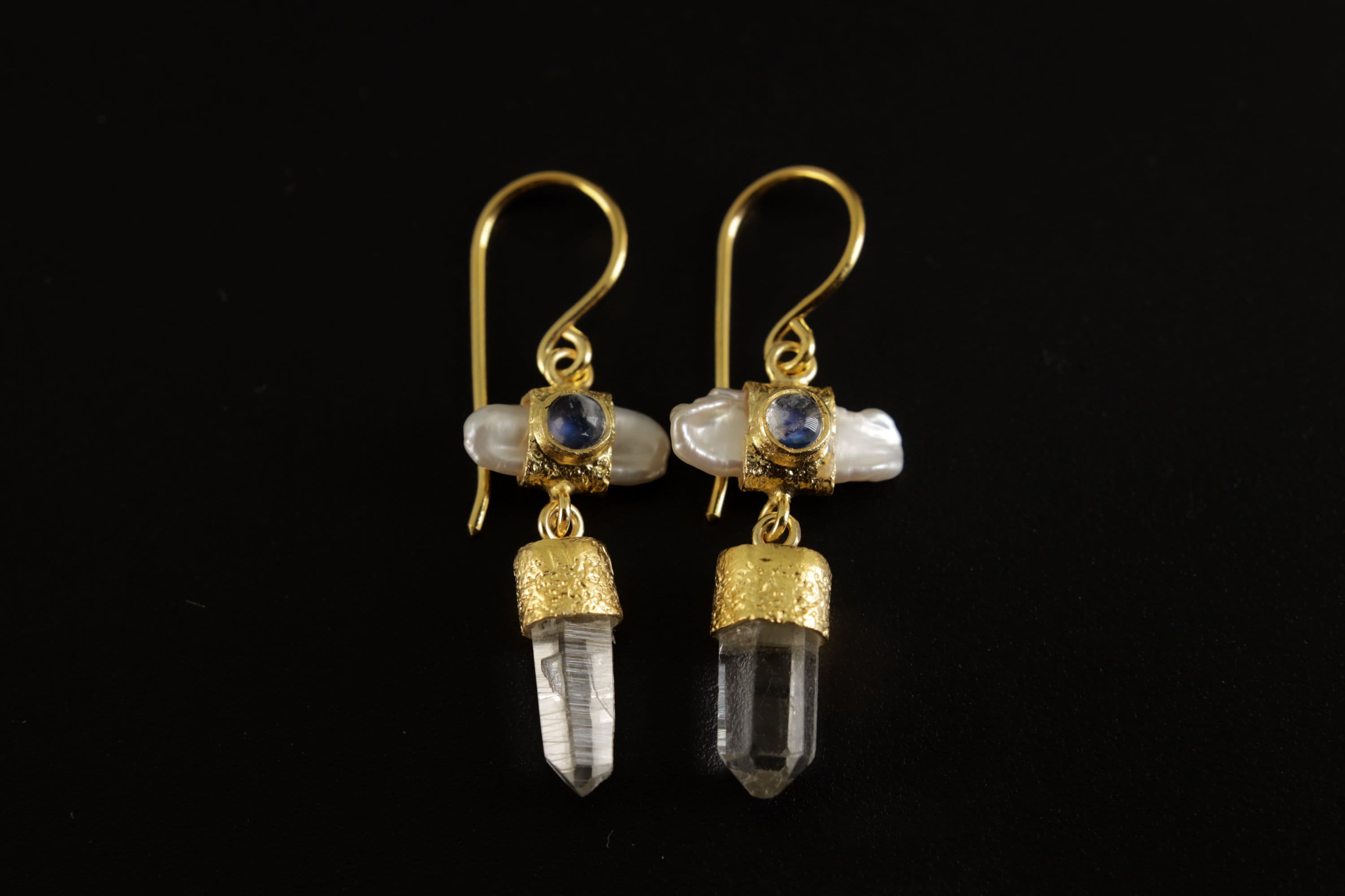 Elegant Gold Plated 925 Sterling Silver Dangle Hook Earrings with Pearl, Australian Quartz, Moonstone Lux Sand Textured Petite Cross Design