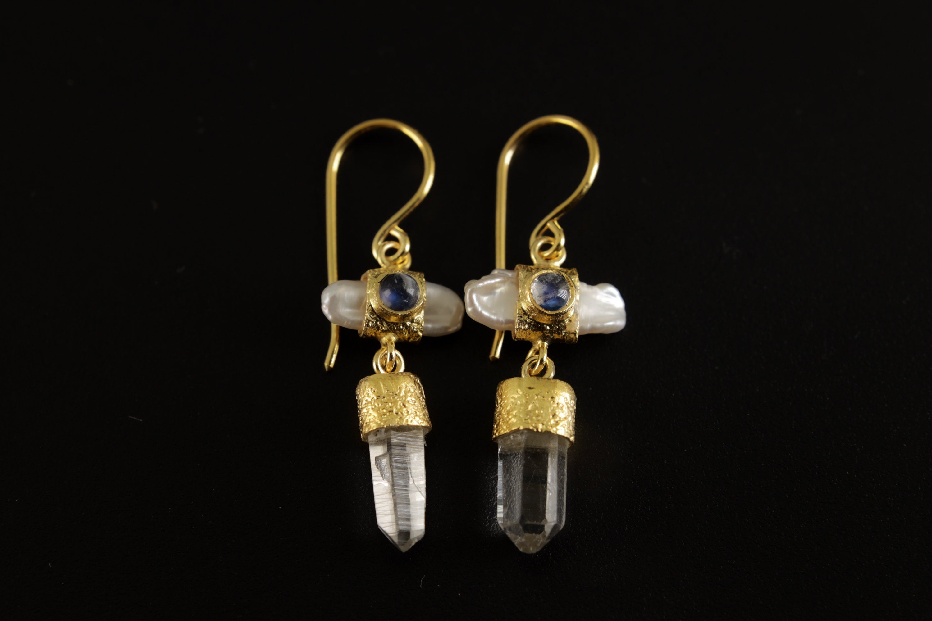 Elegant Gold Plated 925 Sterling Silver Dangle Hook Earrings with Pearl, Australian Quartz, Moonstone Lux Sand Textured Petite Cross Design