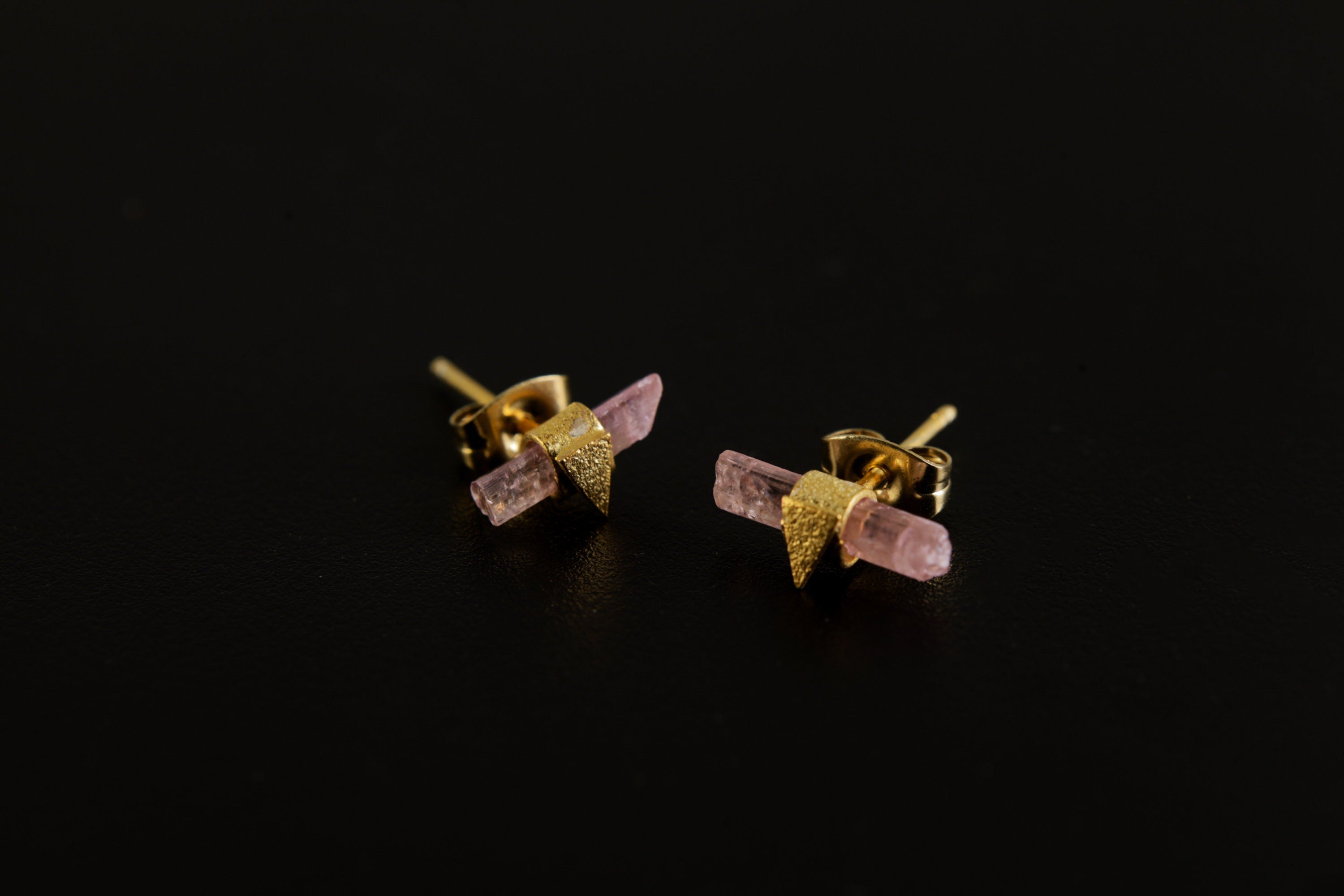 Petite Gold Plated 925 Sterling Silver Wrap Stud Earrings - Natural Raw Pink Tourmaline, Lux Sand Textured, Organic Style with Butterfly Pin