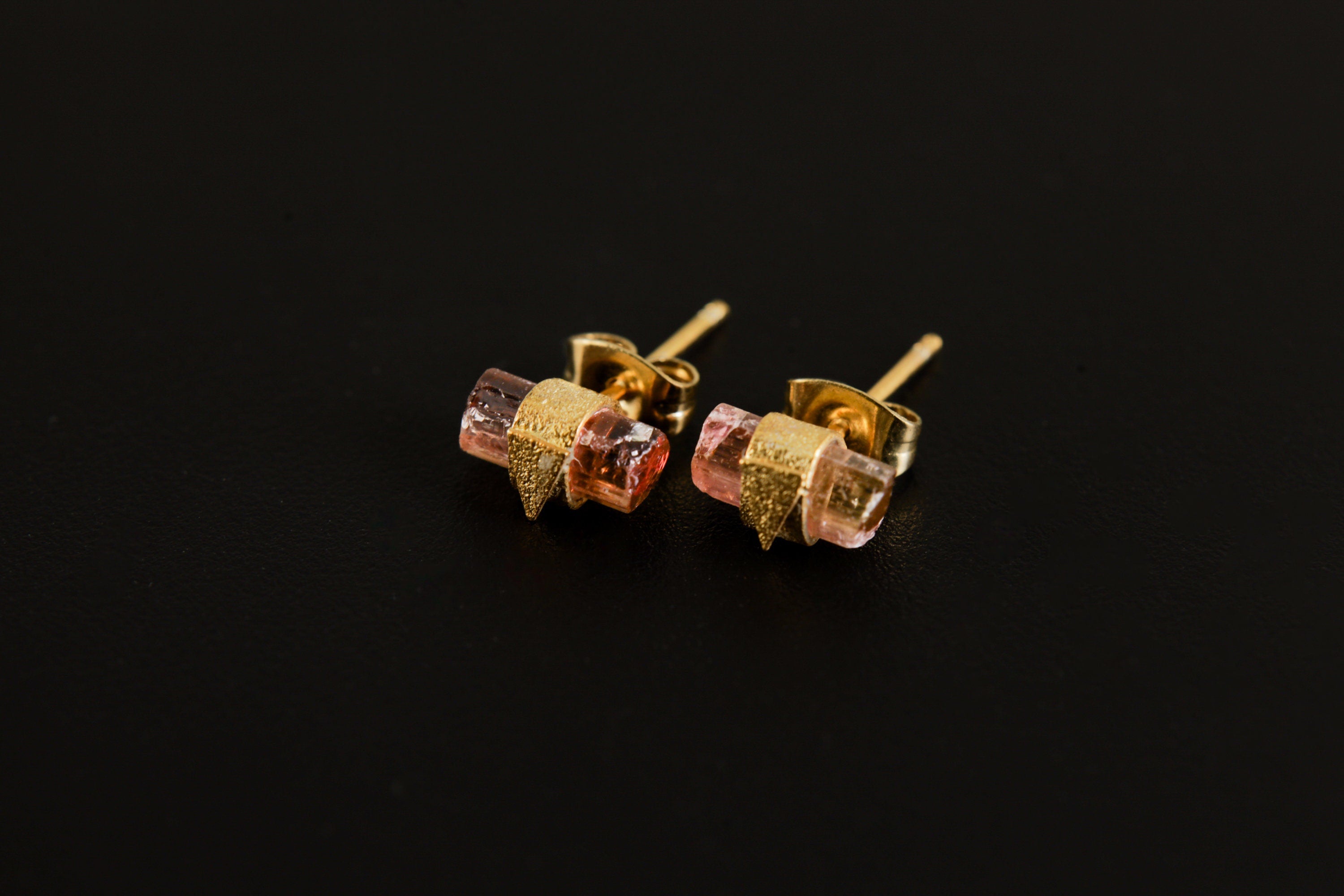 Petite Gold Plated 925 Sterling Silver Wrap Stud Earrings - Natural Raw Pink Tourmaline, Lux Sand Textured, Organic Style with Butterfly Pin