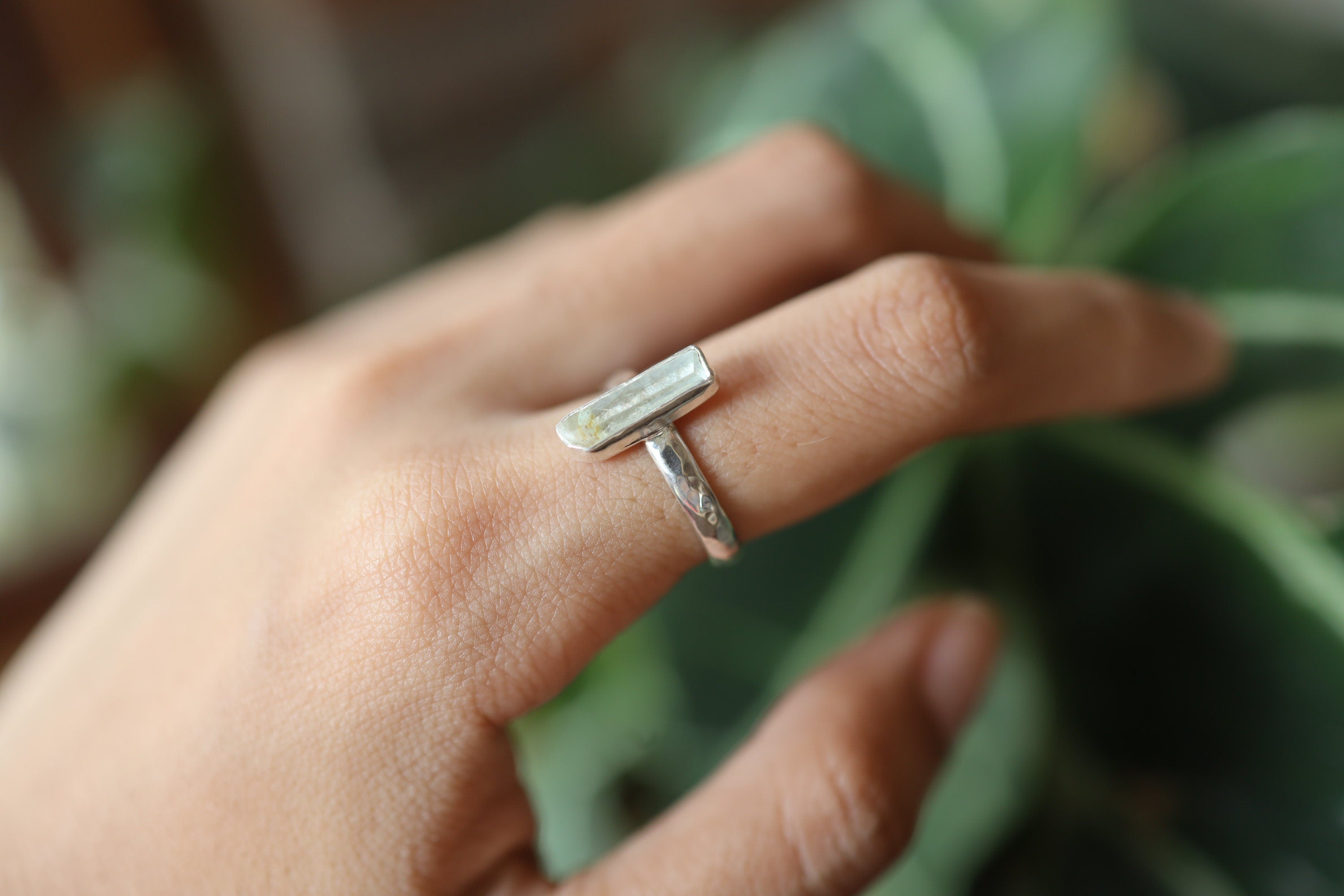 Ocean Vibe Australian Aquamarine Ring, Sterling Silver, Hammer Textured & Shiny Finish Band, Size 6 US, Throat Chakra, Pisces/Aquarius