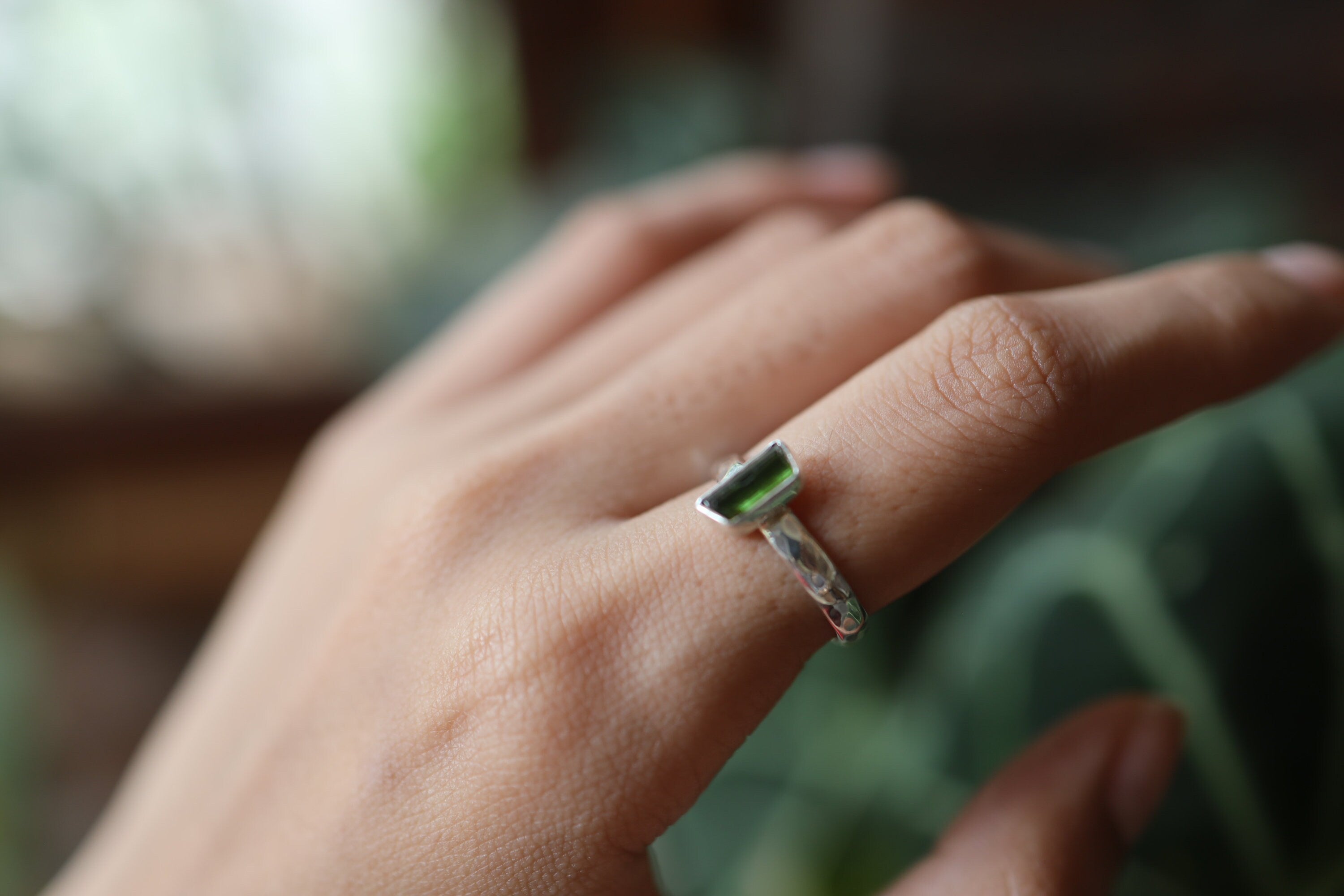 Natural Green Tourmaline Ring, Petite & Potent Gem, Sterling Silver, Hammer Textured Shiny Band Size 6 US, Heart Chakra Libra/Virgo Energy