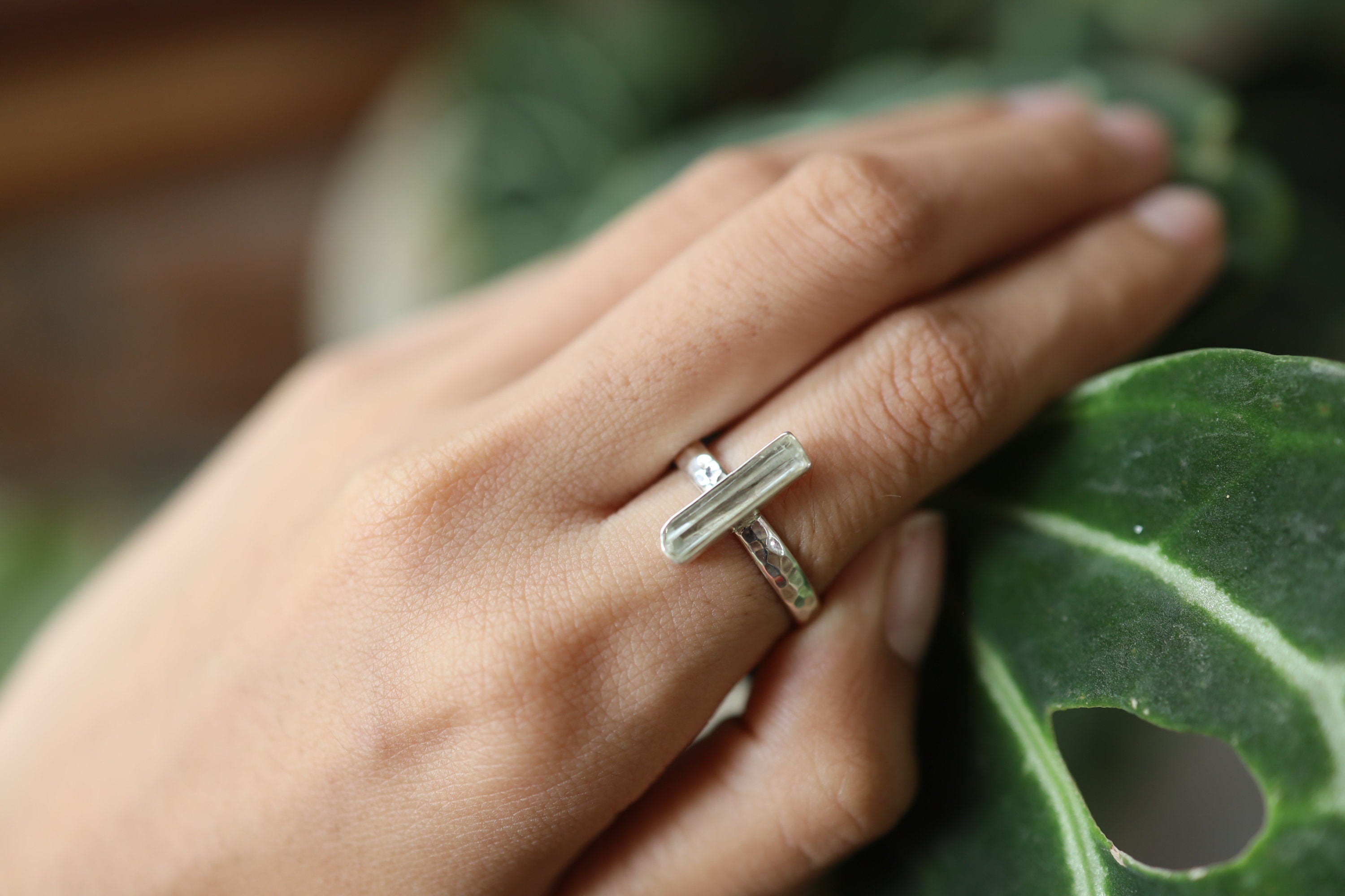 Aquamarine Ring 925 Sterling Silver Long Square Gemstone Ring Hammered Band Throat Chakra Jewelry Gift Size 9