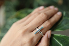 Deep Blue Himalayan Aquamarine Ring, Sterling Silver Hammer Textured & Shiny Half Round Band Size 9 US, Throat Chakra Pisces/Aquarius Energy