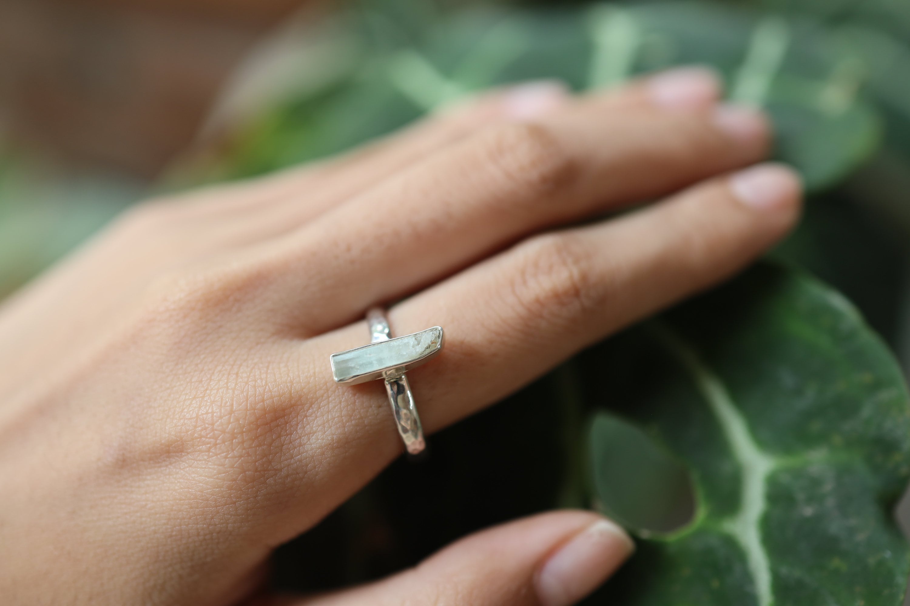 Aquamarine Ring 925 Sterling Silver Long Square Gemstone Ring Hammered Band Throat Chakra Jewelry Gift Size 9