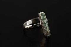Small Sized Raw Aquamarine Crystal Ring, Sterling Silver, Hammer Textured & Shiny Half Round Band, Size 5 US, Throat Chakra, Pisces/Aquarius