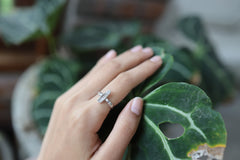 Vera Cruz Amethyst silver ring shown worn on hand against green leaves, with subtle lavender quartz and polished silver shine.