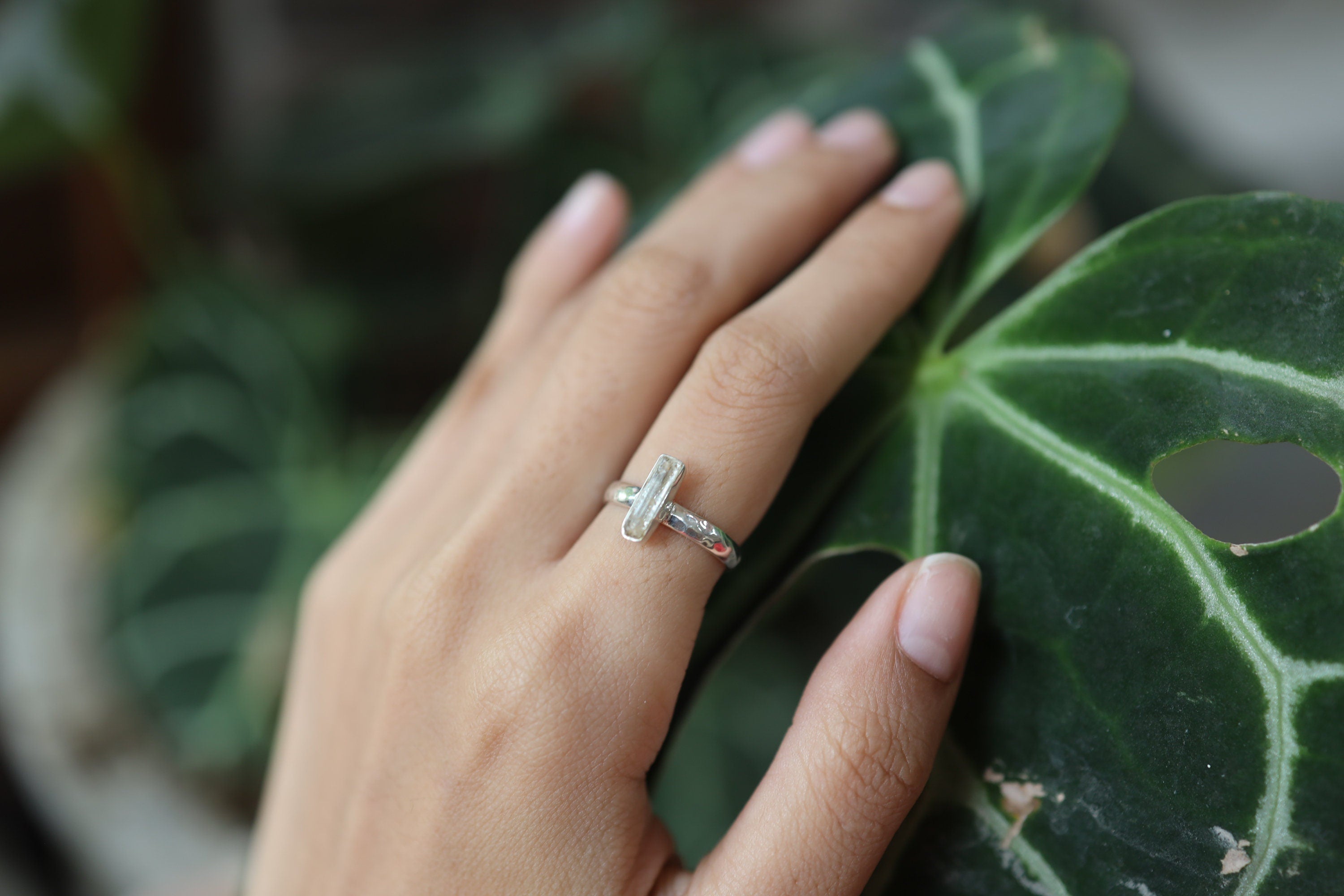 Long Square Aquamarine Ring 925 Sterling Silver Hammered Band Throat Chakra Pisces Aries Gemini Jewelry Gift Size 8