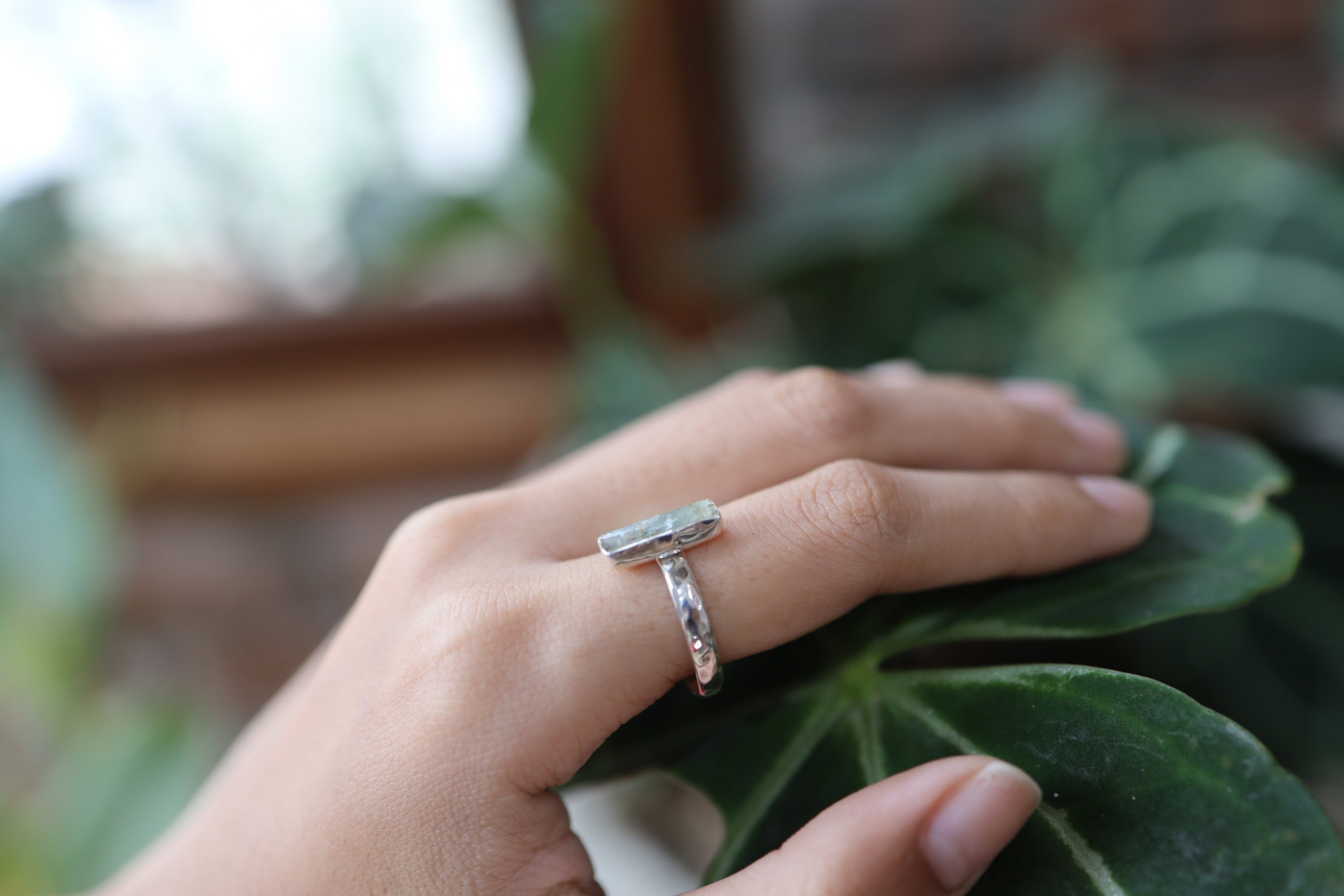 Hammered Sterling Silver Aquamarine Ring: Long Square Gemstone, Size 8