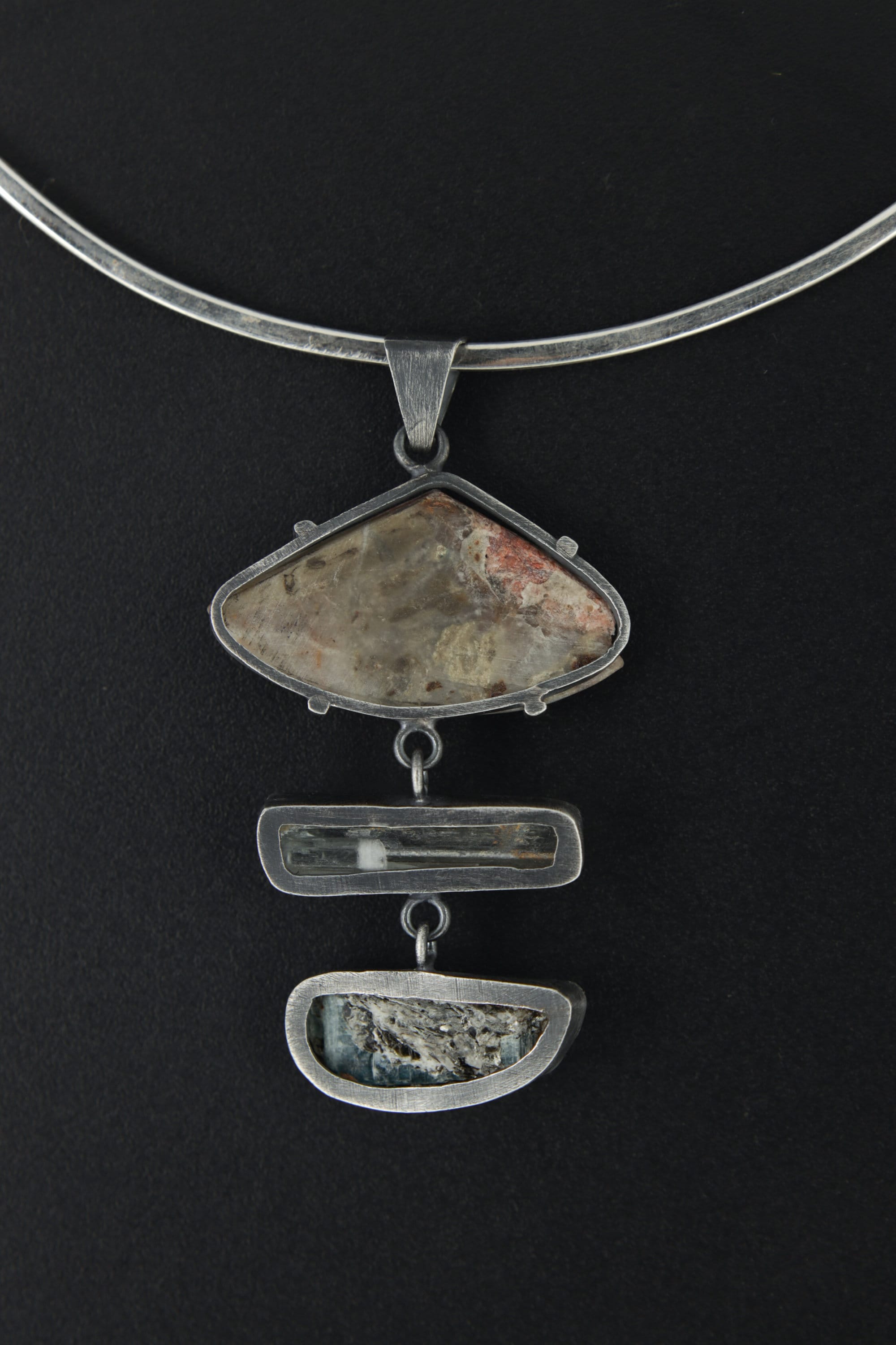 Australian Raw Azurite, Natural Gem Aquamarine & Ocea Kyanite - Sterling Silver Oxidized Finish Pendant