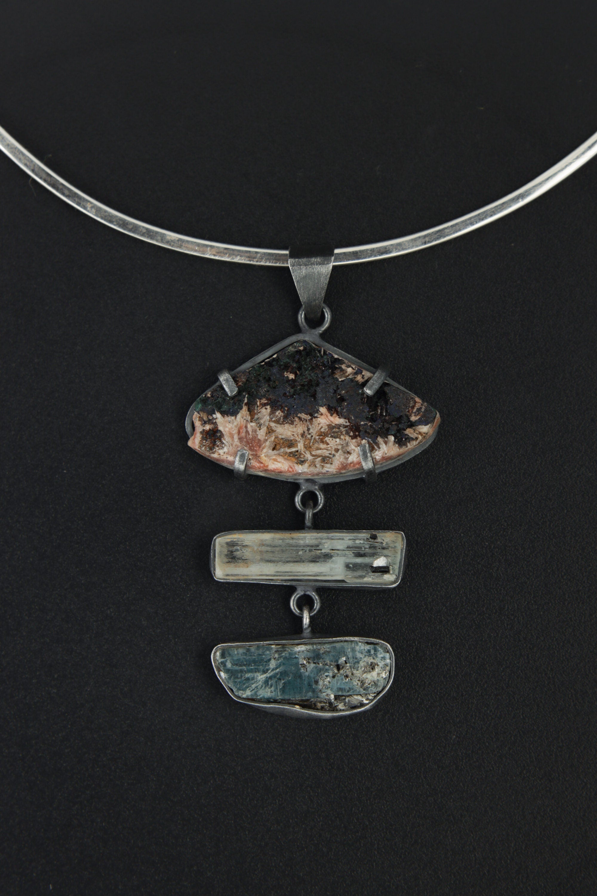 Azurite Aquamarine Kyanite pendant displayed on dark background with oxidized sterling silver and choker.