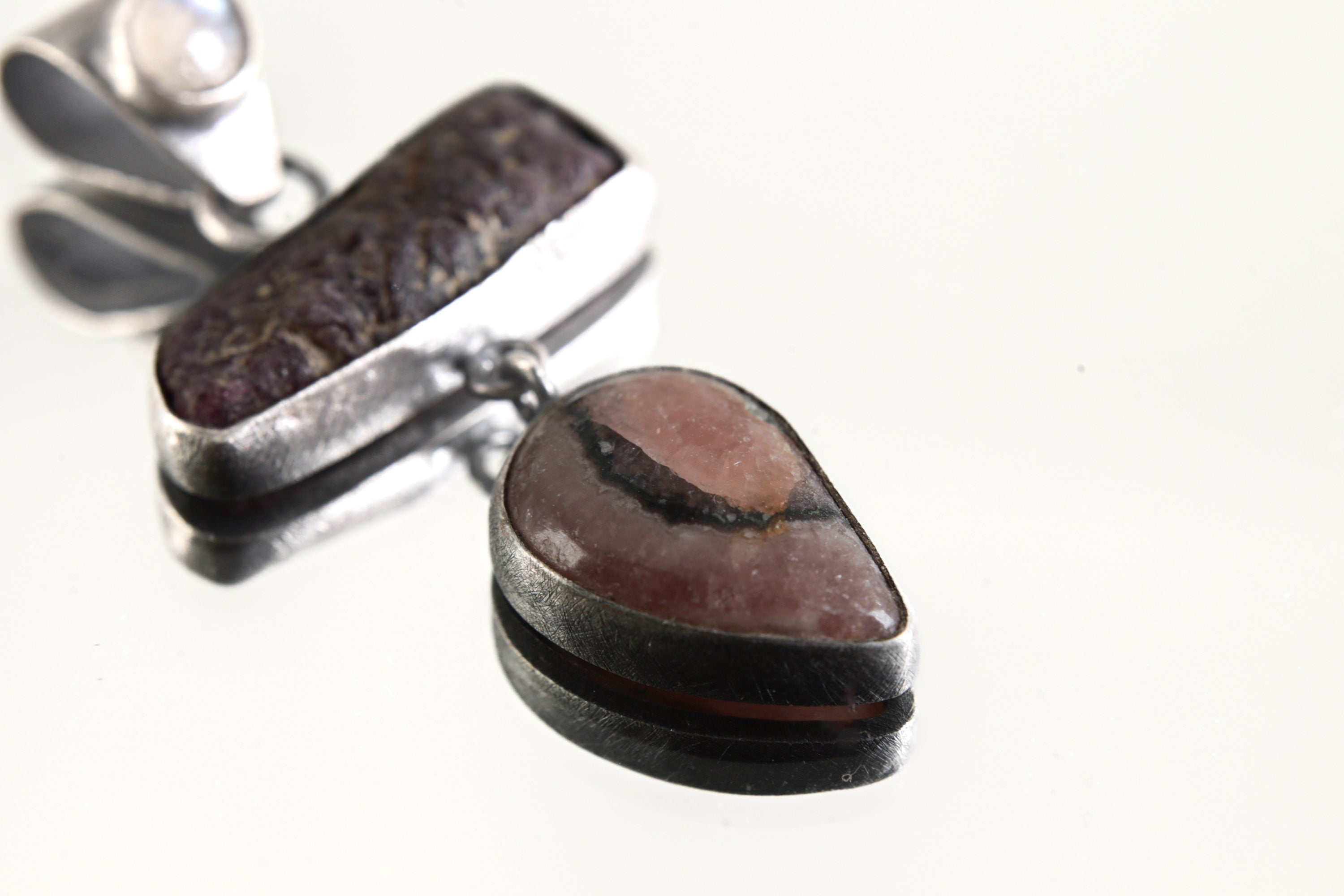 Moonstone Raw Ruby Rhodochrosite Pendant, Oxidized Sterling Silver, Brushed Dangle Charm, Heart Root Chakra, Cancer Leo