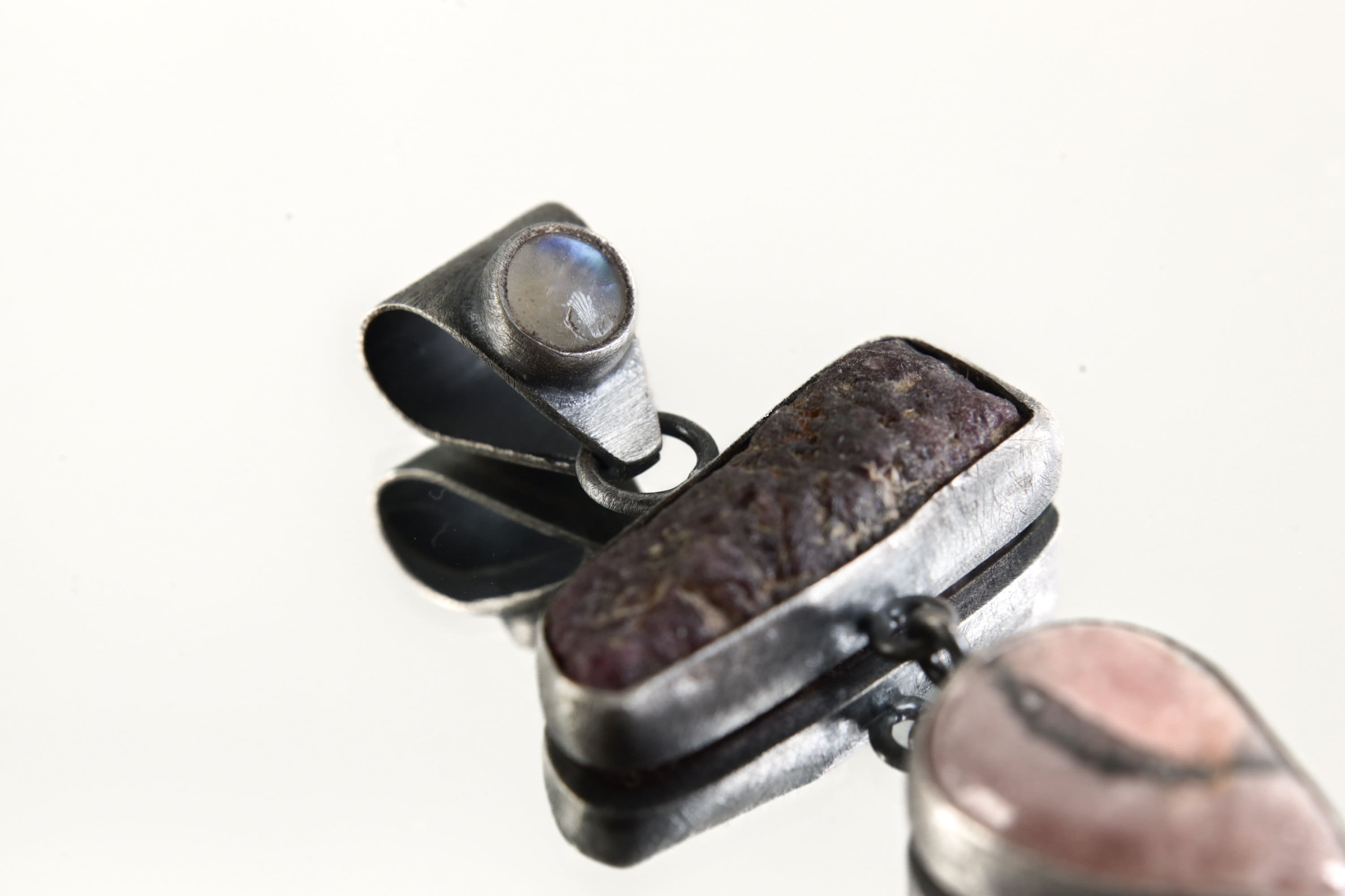 Moonstone Raw Ruby Rhodochrosite Pendant, Oxidized Sterling Silver, Brushed Dangle Charm, Heart Root Chakra, Cancer Leo