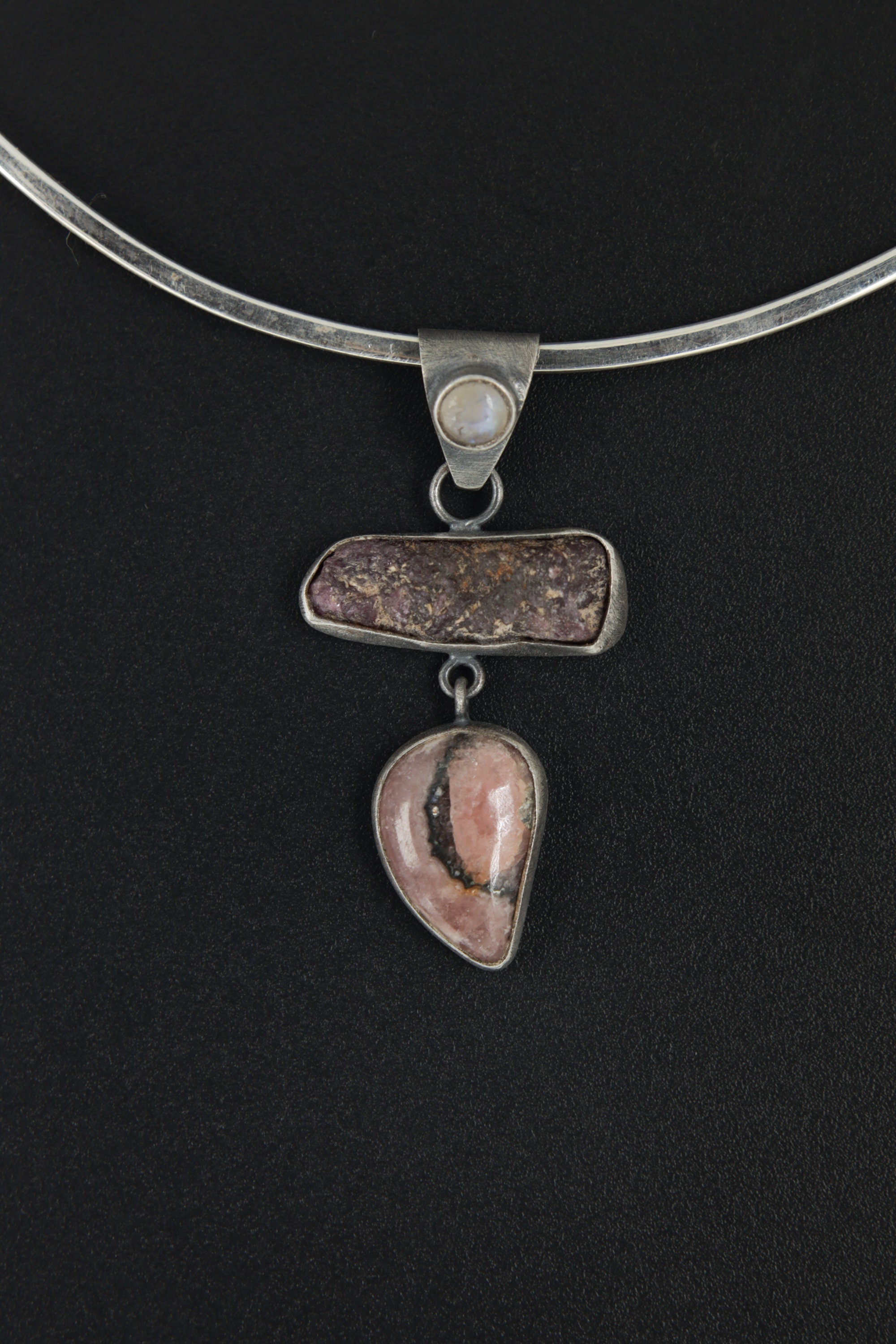 Sterling Silver Pendant with Moonstone Raw Ruby & Rhodochrosite Dangle Charm, Brushed, Oxidized Heart/Root Chakra Love Passion Cancer/Leo