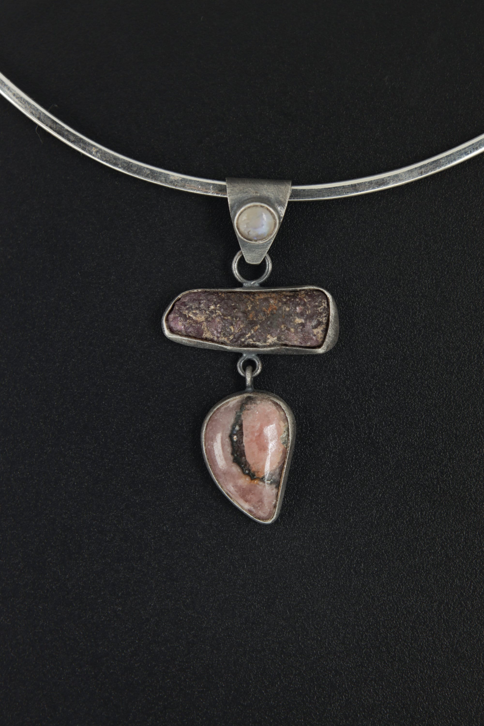 Moonstone Raw Ruby Rhodochrosite Pendant, Oxidized Sterling Silver, Brushed Dangle Charm, Heart Root Chakra, Cancer Leo