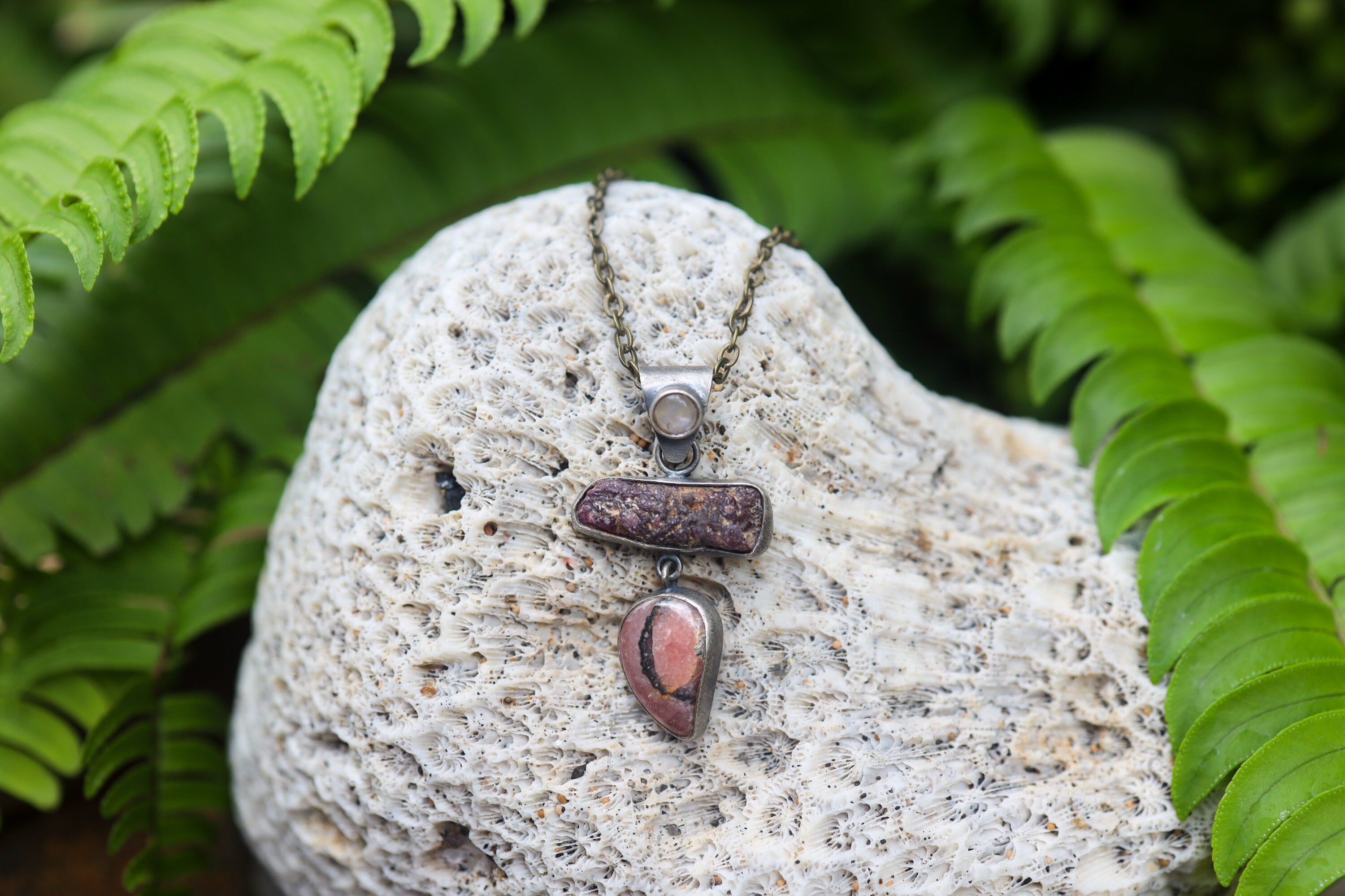 Moonstone Raw Ruby Rhodochrosite Pendant, Oxidized Sterling Silver, Brushed Dangle Charm, Heart Root Chakra, Cancer Leo