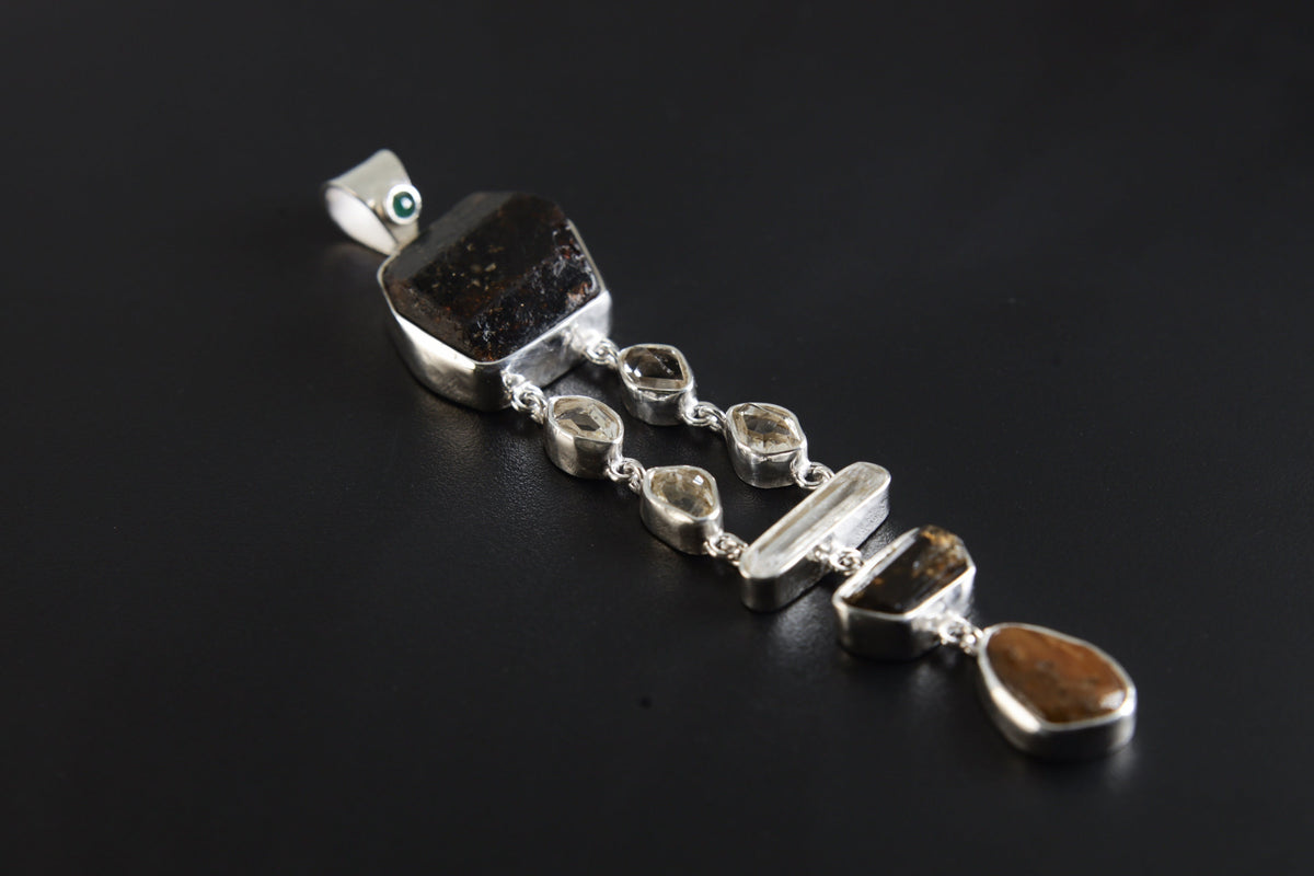 Emerald & Gemstone Silver Pendant: Herkimer Diamond, Aquamarine, Tiger Eye