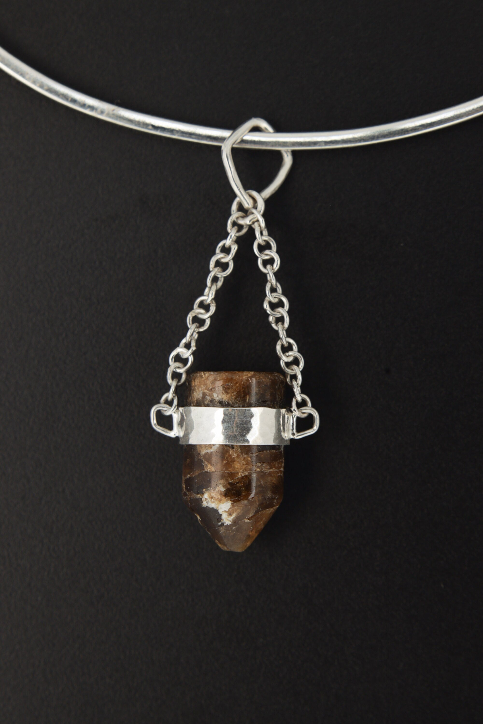Brown Tourmaline Sterling Silver Crystal Pendant - High Polish Finish - Chain Bail - Wrapped in Textured Silver - Capricorn/Virgo