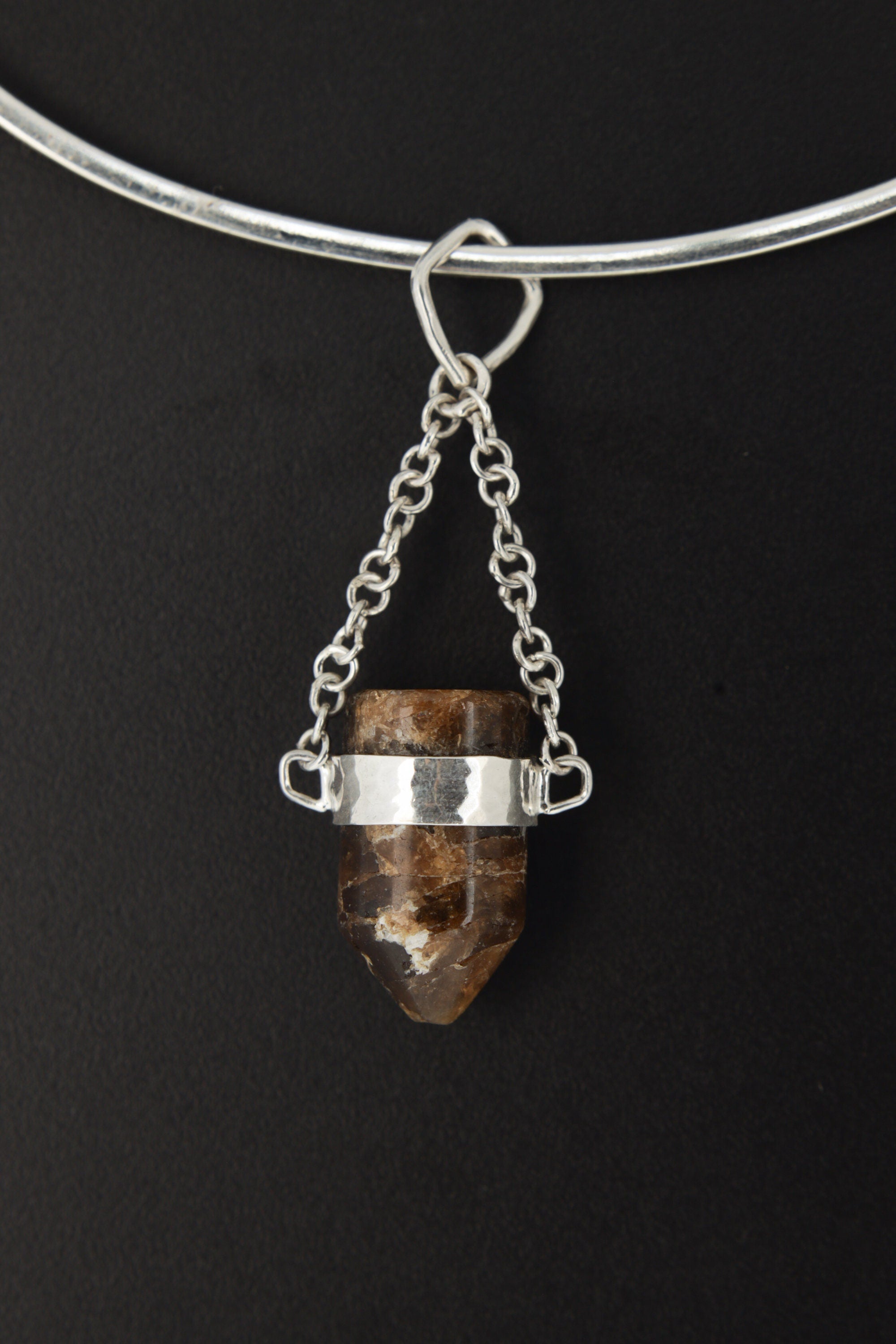 Brown Tourmaline Sterling Silver Crystal Pendant - High Polish Finish - Chain Bail - Wrapped in Textured Silver - Capricorn/Virgo