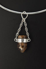 Brown Tourmaline Sterling Silver Crystal Pendant - High Polish Finish - Chain Bail - Wrapped in Textured Silver - Capricorn/Virgo