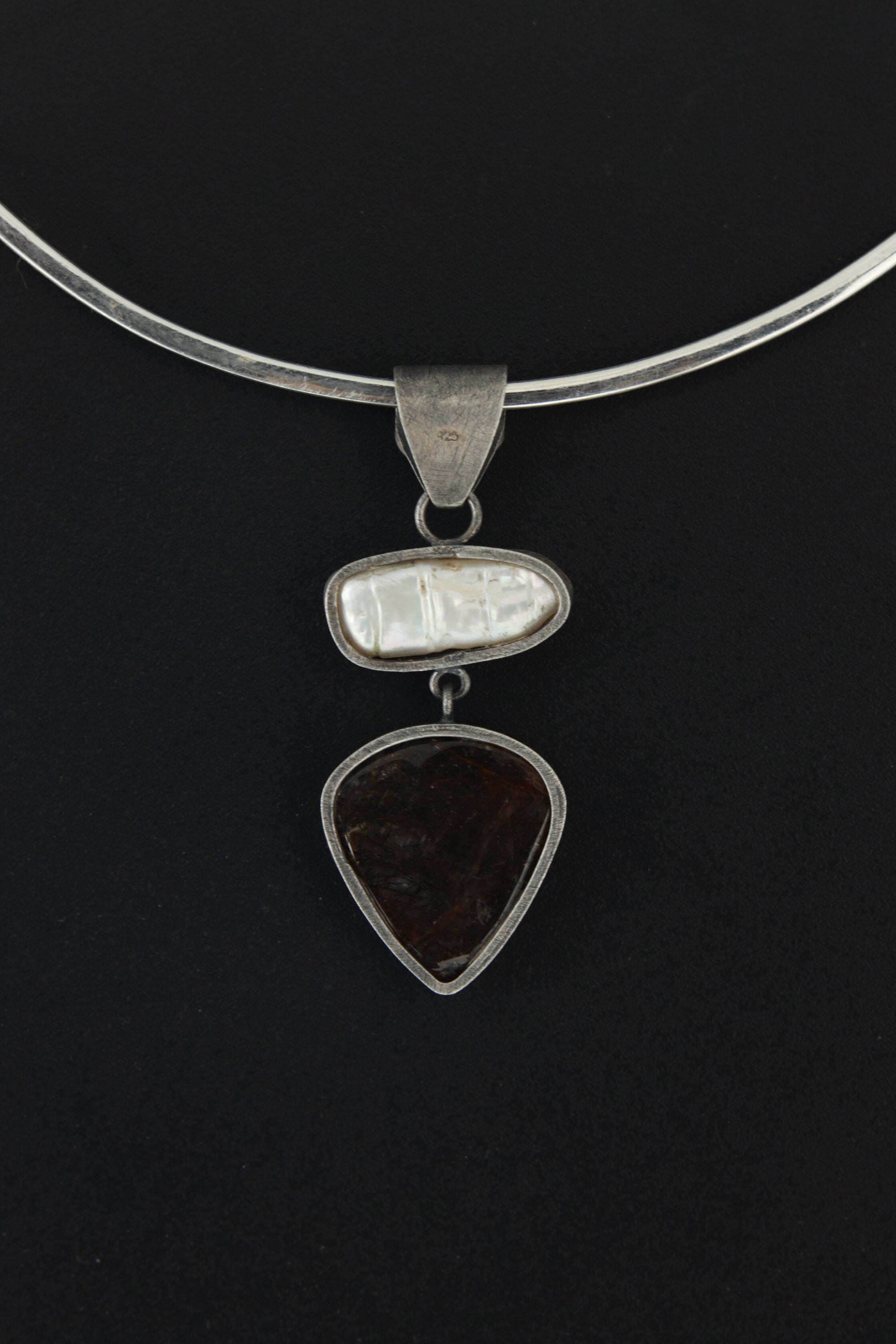 South Sea Pearl Black Rutile Quartz Pendant, Oxidized Sterling Silver, Brush Texture, Cabochon Crystal Charm Gift