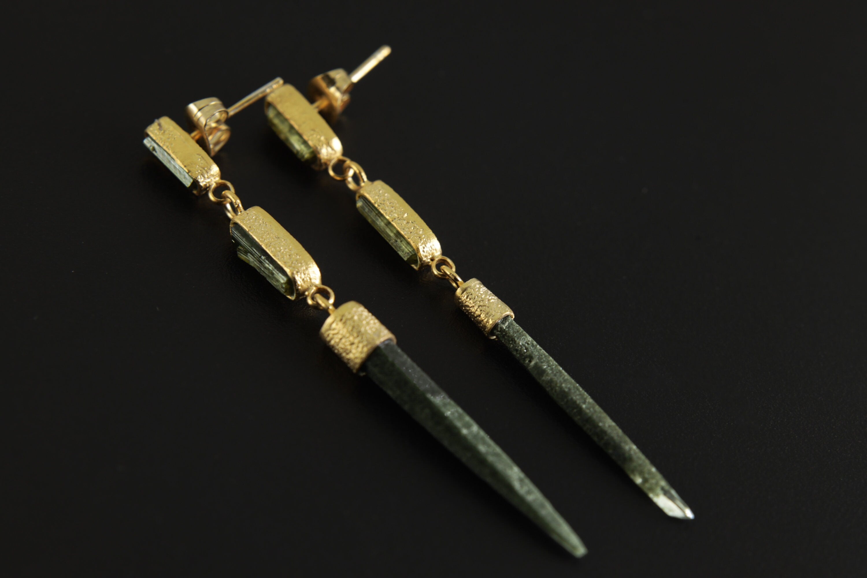 Lux Sand Textured Gold-Plated Silver Dangle Stud Earrings Featuring 2 Gem Green Tourmaline and a Rare Green Chlorite Laser Quartz Spikes