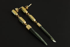 Lux Sand Textured Gold-Plated Silver Dangle Stud Earrings Featuring 2 Gem Green Tourmaline and a Rare Green Chlorite Laser Quartz Spikes