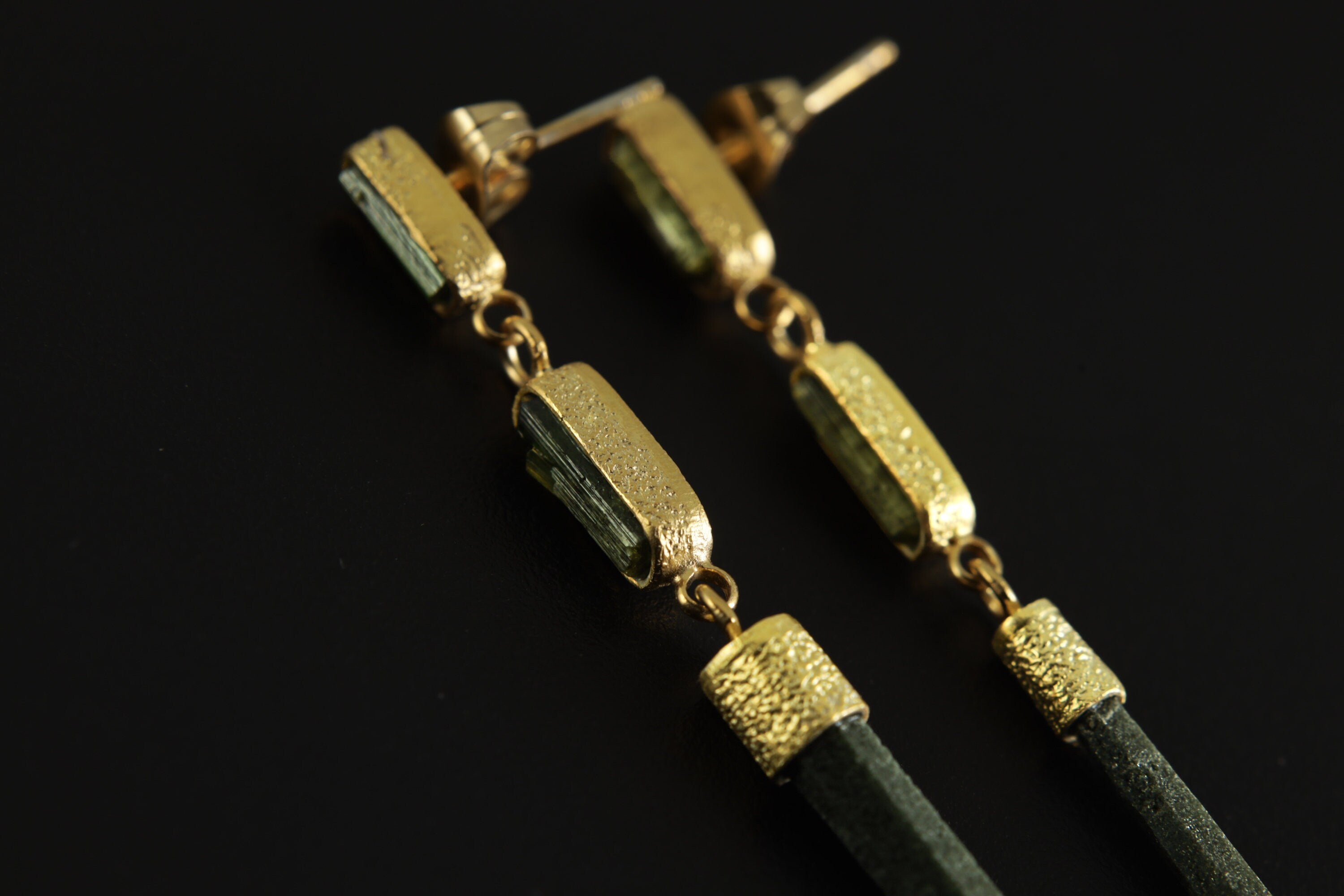 Lux Sand Textured Gold-Plated Silver Dangle Stud Earrings Featuring 2 Gem Green Tourmaline and a Rare Green Chlorite Laser Quartz Spikes