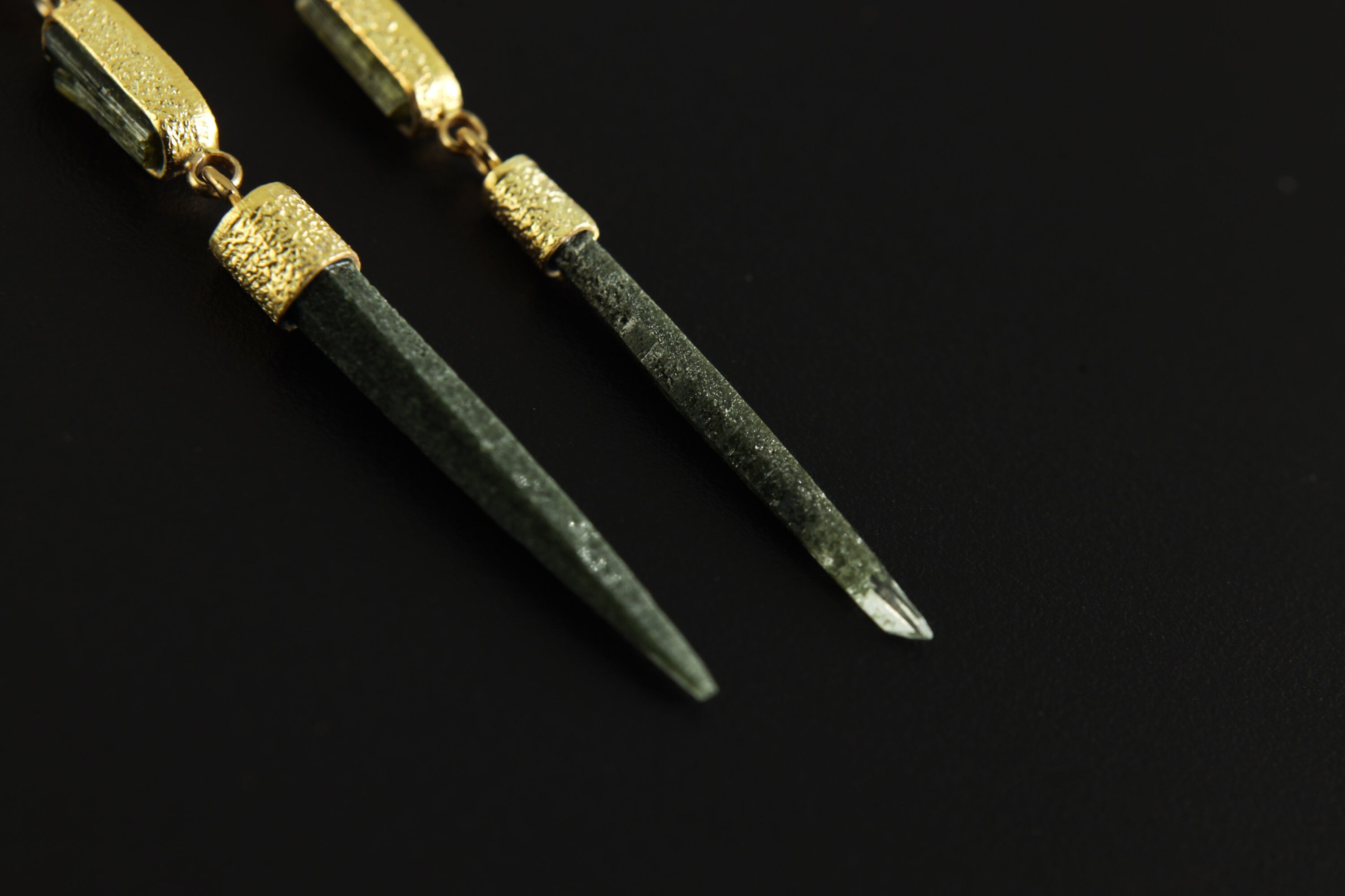 Lux Sand Textured Gold-Plated Silver Dangle Stud Earrings Featuring 2 Gem Green Tourmaline and a Rare Green Chlorite Laser Quartz Spikes