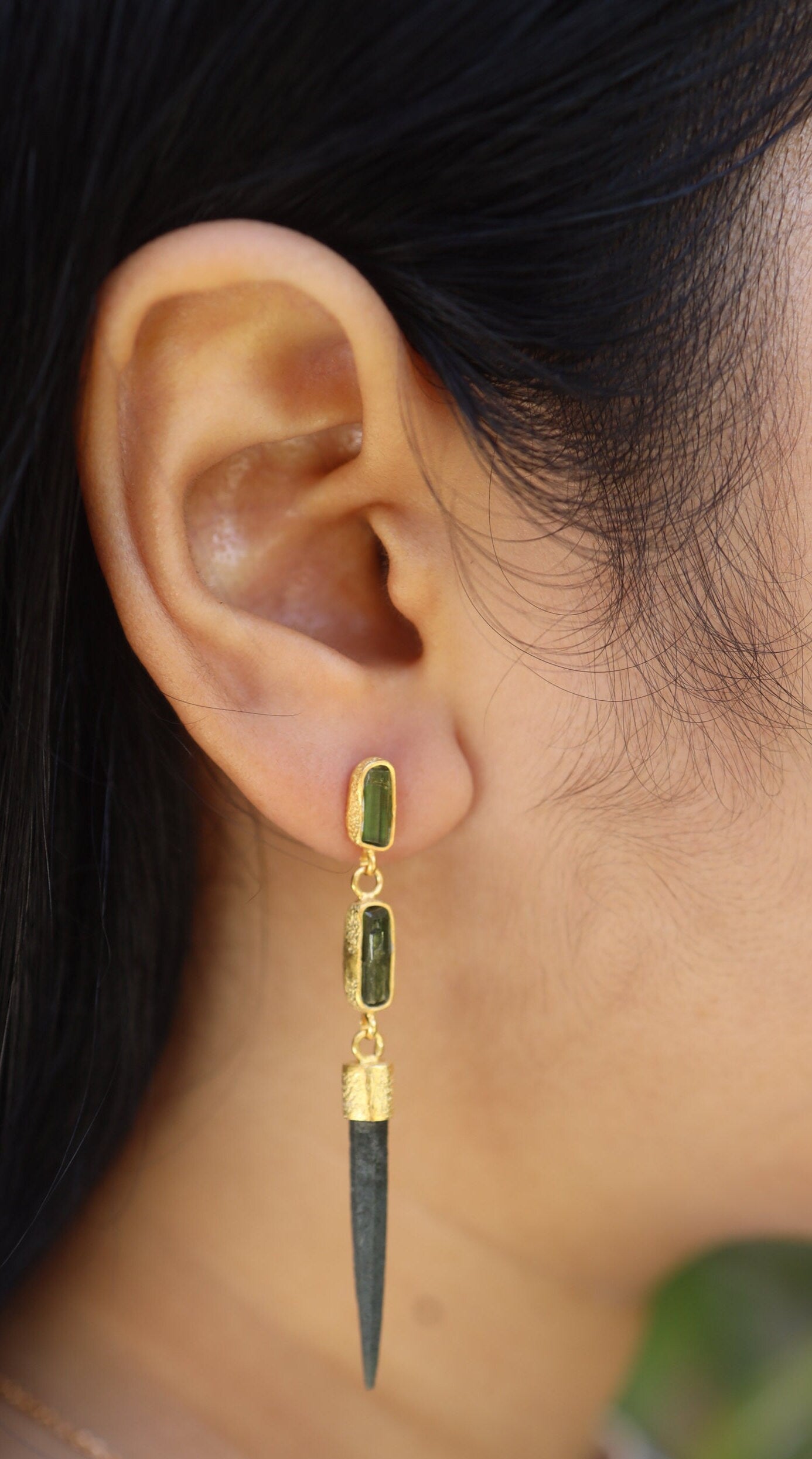 Lux Sand Textured Gold-Plated Silver Dangle Stud Earrings Featuring 2 Gem Green Tourmaline and a Rare Green Chlorite Laser Quartz Spikes