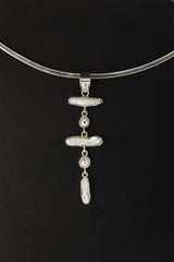 Blue Moonstone and Pearl Dangling Pendant with Shiny Polished and Hammered Textured Sterling Silver Charm