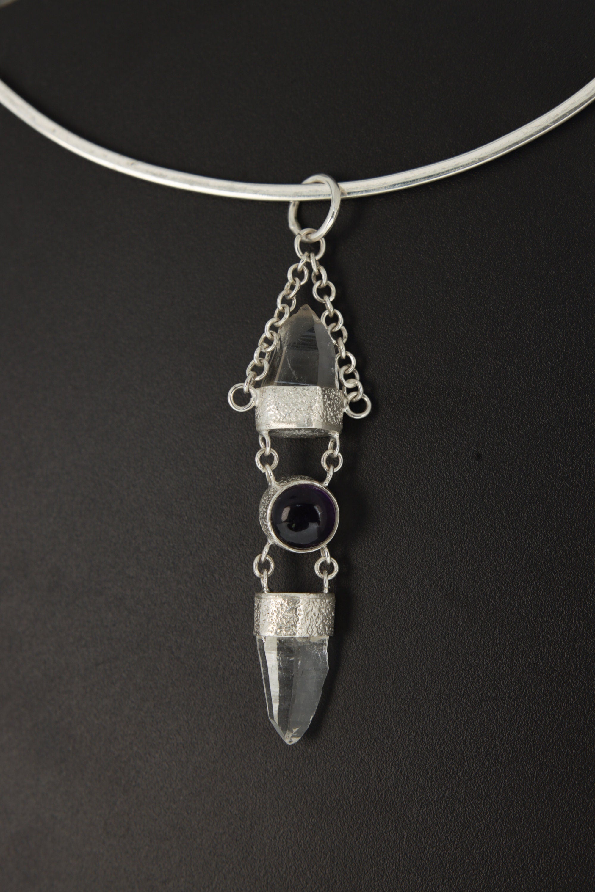 Sterling Silver Pendant, Lemurian Laser Harmony, Amethyst Center, Double Quartz Points, Dangling Chain Charm, Retro Sand Textured Finish