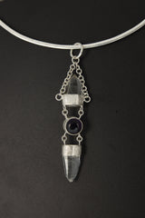 Sterling Silver Pendant, Lemurian Laser Harmony, Amethyst Center, Double Quartz Points, Dangling Chain Charm, Retro Sand Textured Finish