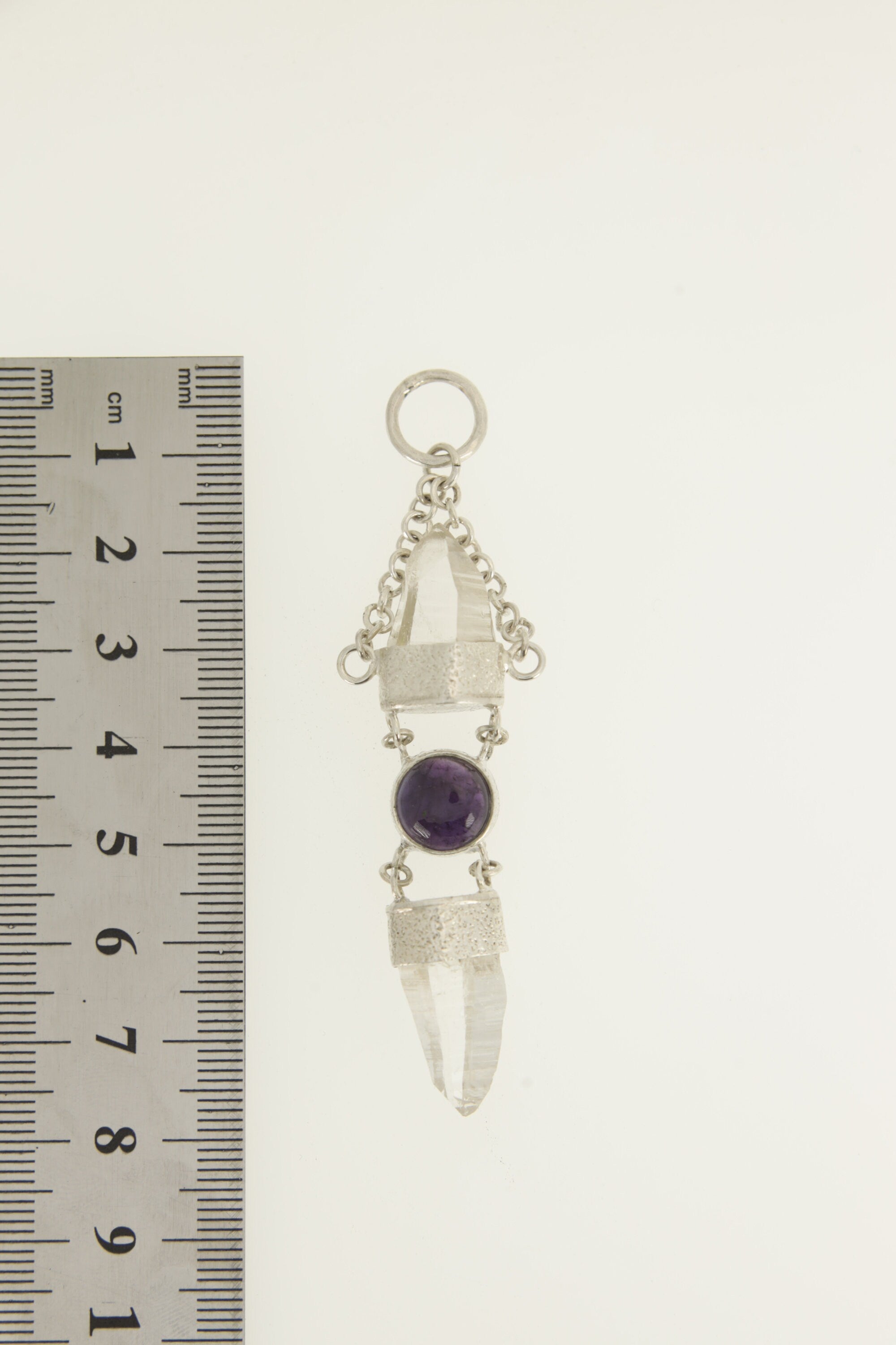 Sterling Silver Pendant, Lemurian Laser Harmony, Amethyst Center, Double Quartz Points, Dangling Chain Charm, Retro Sand Textured Finish