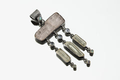 Lightening Ridge Opal, Raw Pink Kunzite, Blue Moonstone, & Light-Coloured Natural Gem Aquamarine - Silver Pendant - Oxidized - Brush Texture