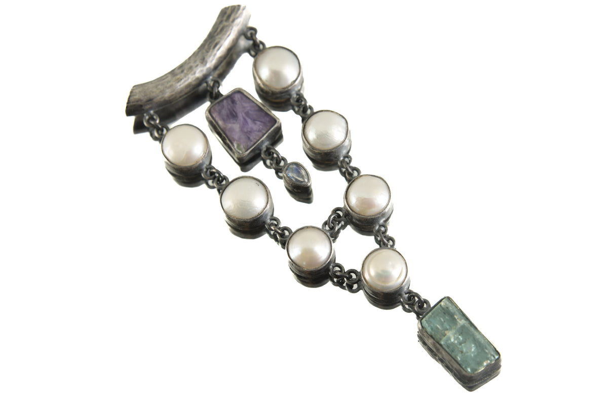 South Sea Pearls, Charoite, Teardrop Blue Moonstone, High-Grade Australian Aquamarine - Silver Pendant - Hammer Texture & Oxidize